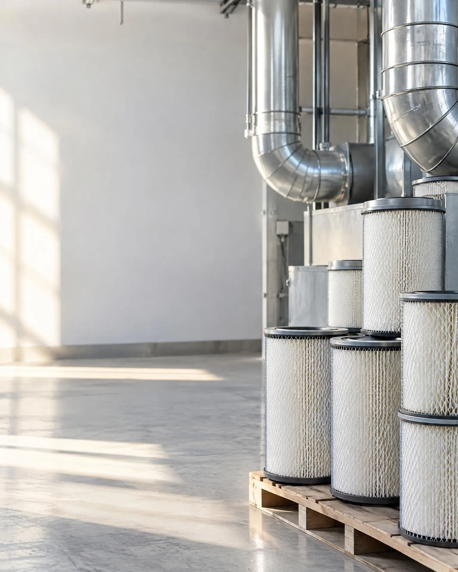 Stacked industrial air filters beside silver ventilation ducts in a bright plant room
