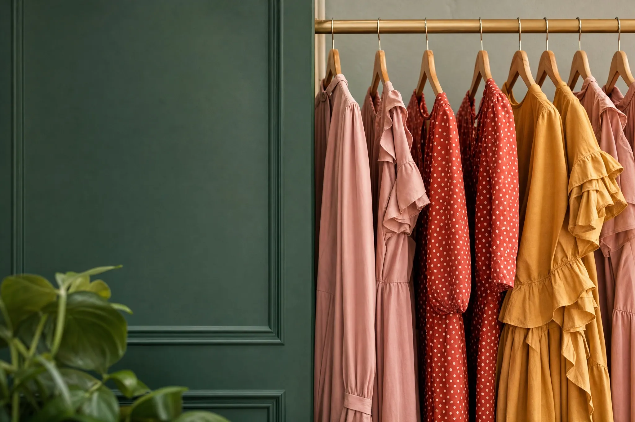 A rail of dresses in pink, polka dots and mustard against a dark green wall