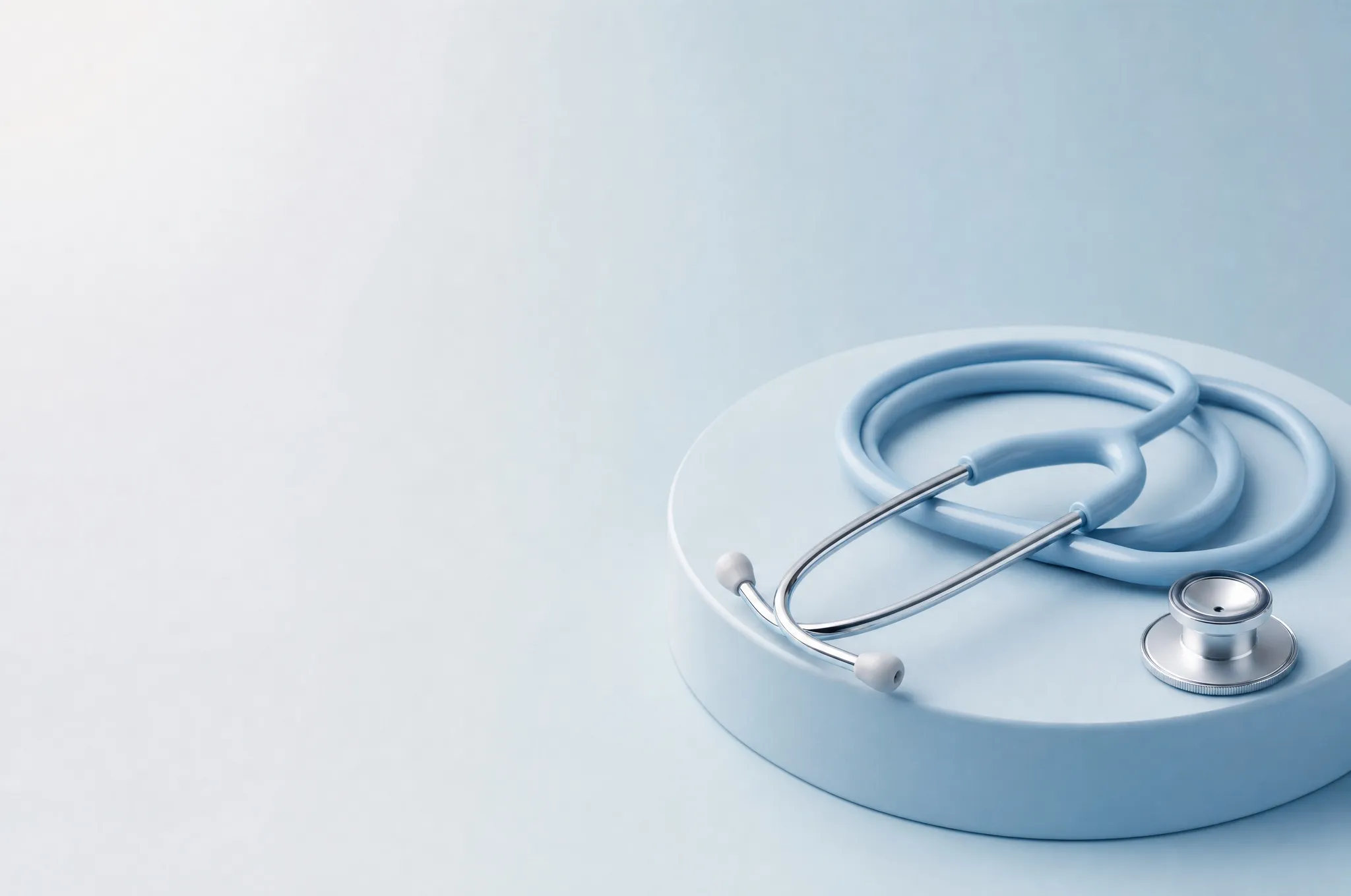 A stethoscope coiled on a plinth against a pale blue background