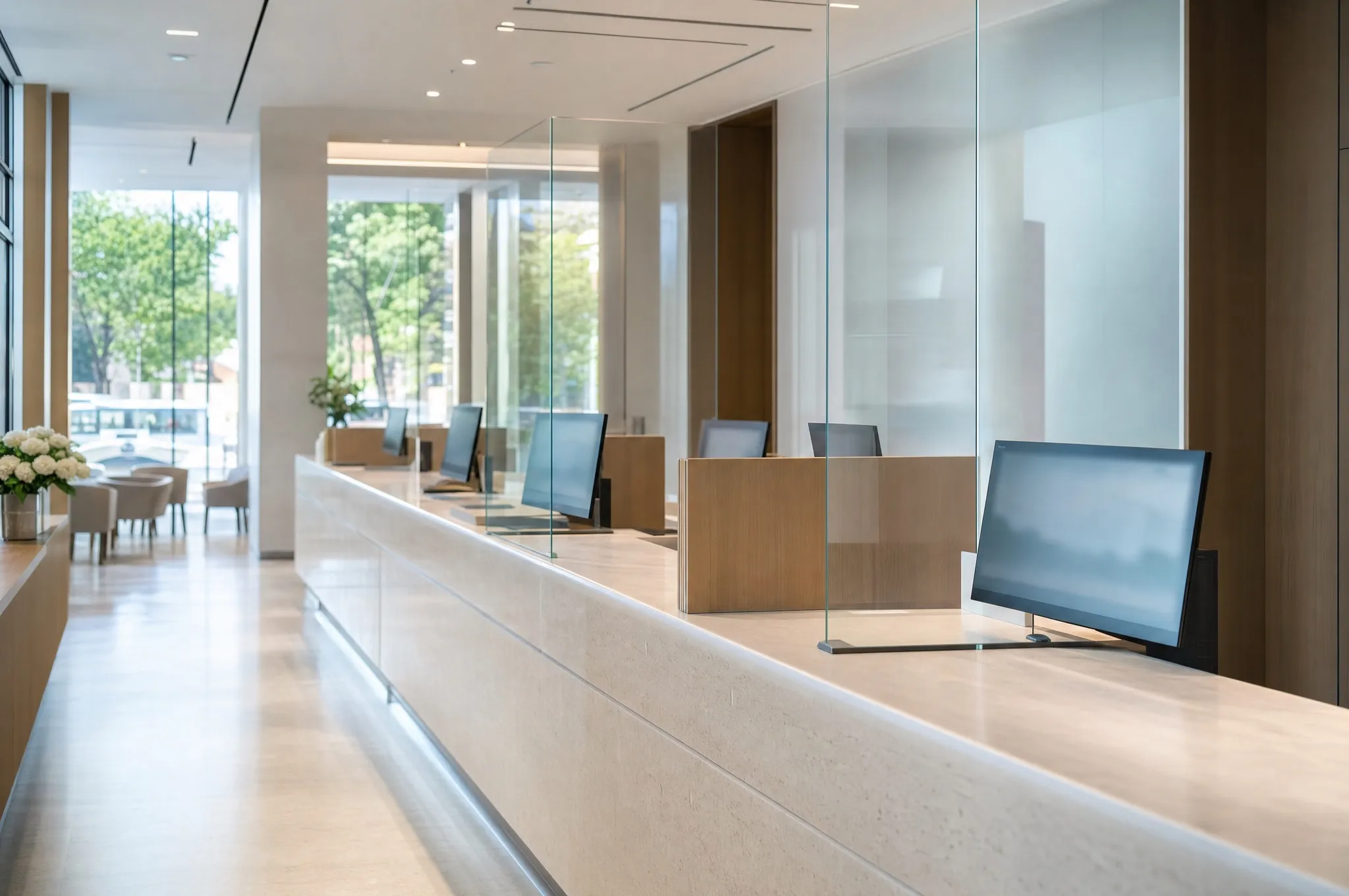 A modern bank branch interior with pale counters and glass
