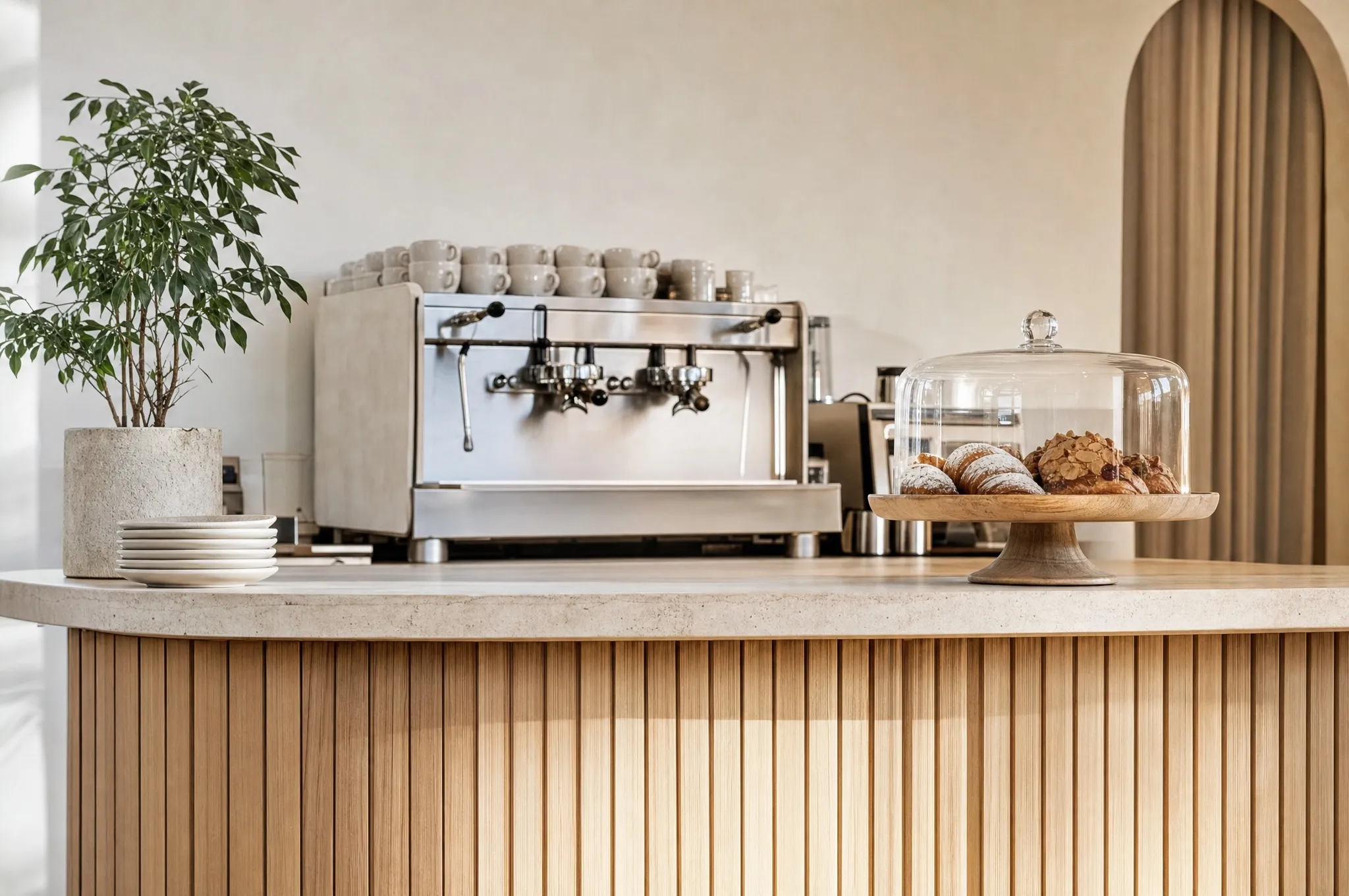 A cafe counter with an espresso machine, a glass dome of pastries and a plant