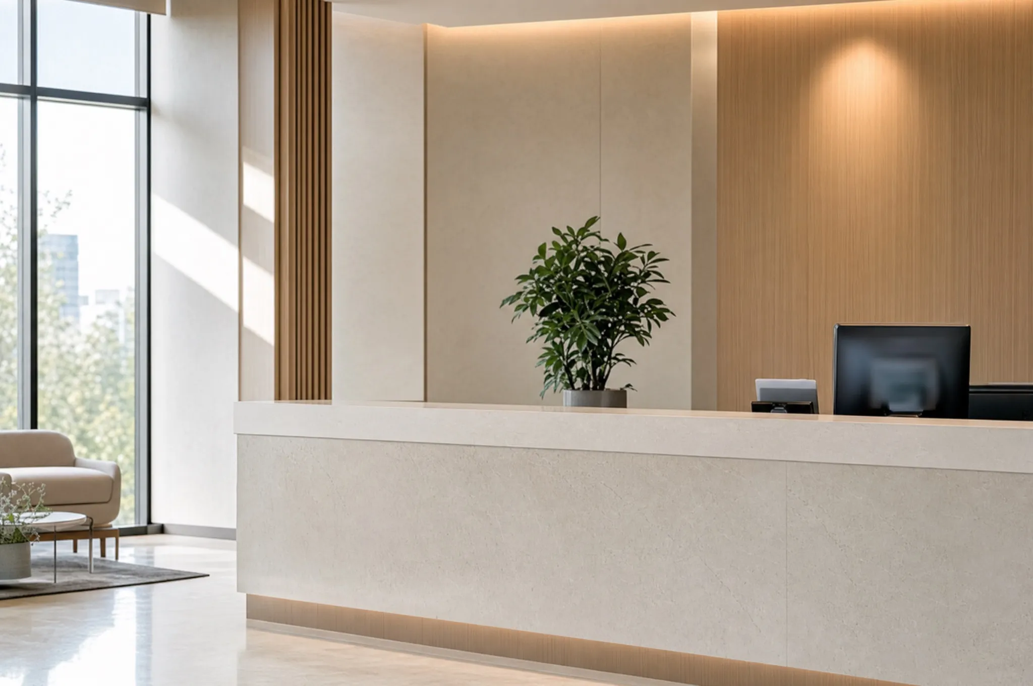 A modern office reception with a pale counter and a plant