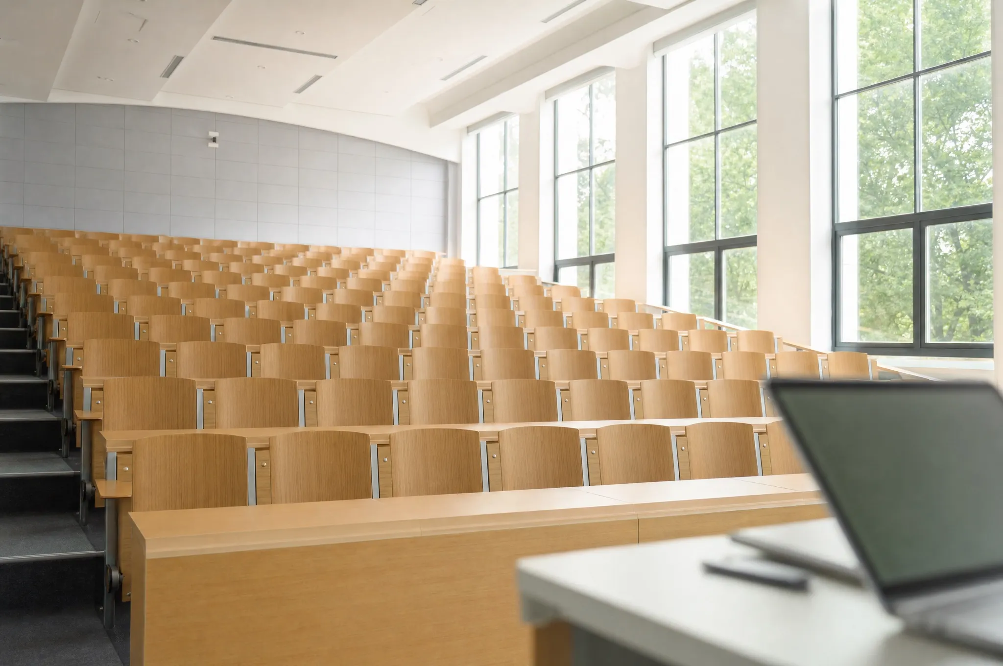 An empty lecture hall with wooden seats and tall windows