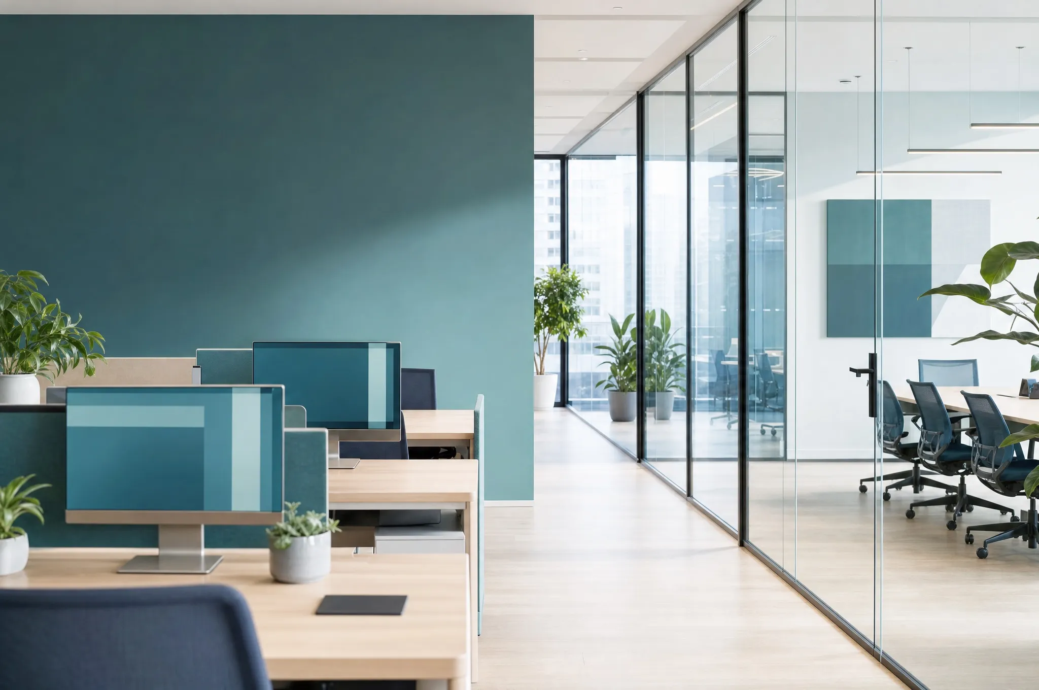 A bright open-plan office with glass meeting rooms