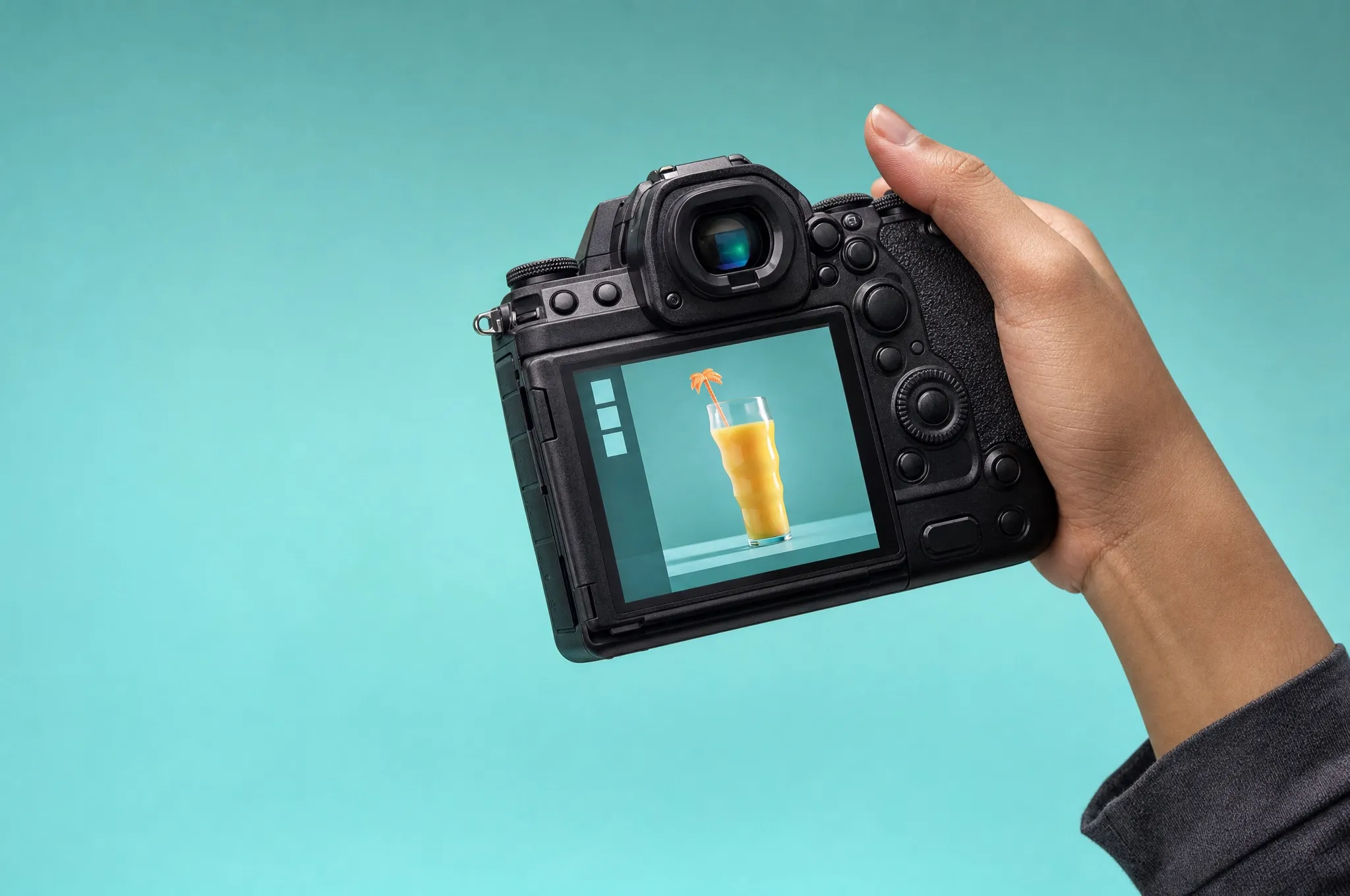 Hands holding a camera whose screen shows a glass of orange juice