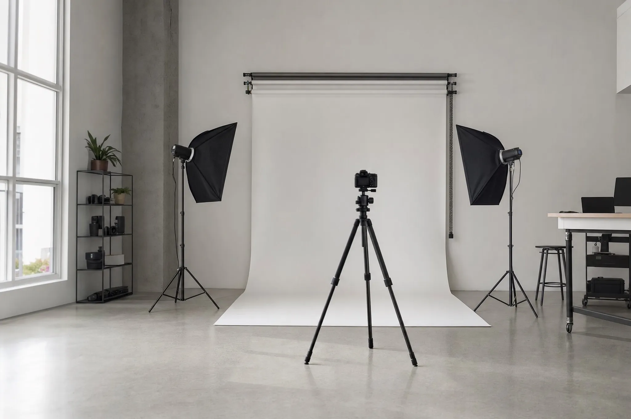 A studio with a camera on a tripod, softboxes and a paper backdrop