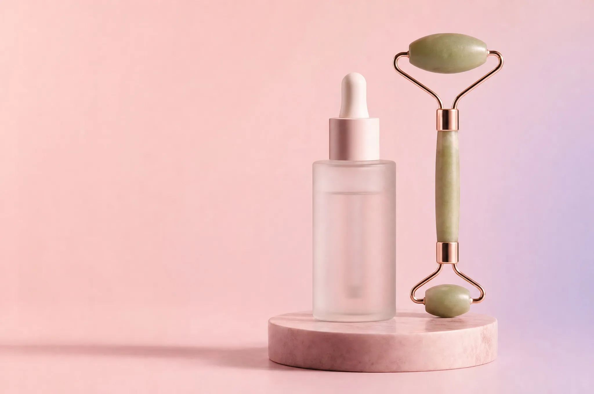 A serum bottle and a jade roller on a plinth against a pink and lilac background
