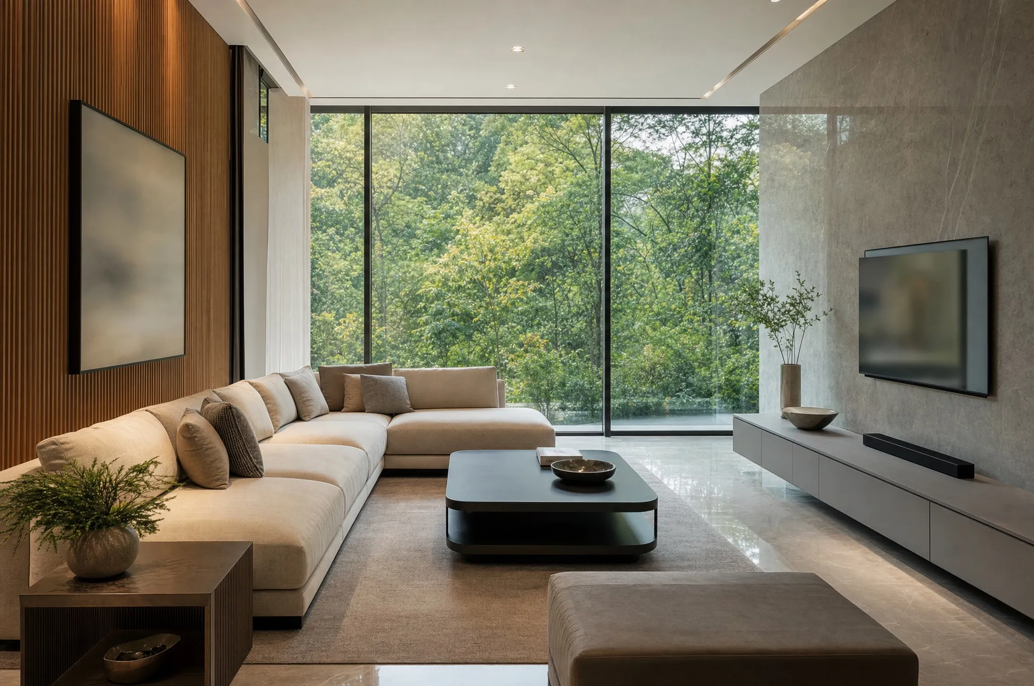 A show unit lounge with floor to ceiling windows