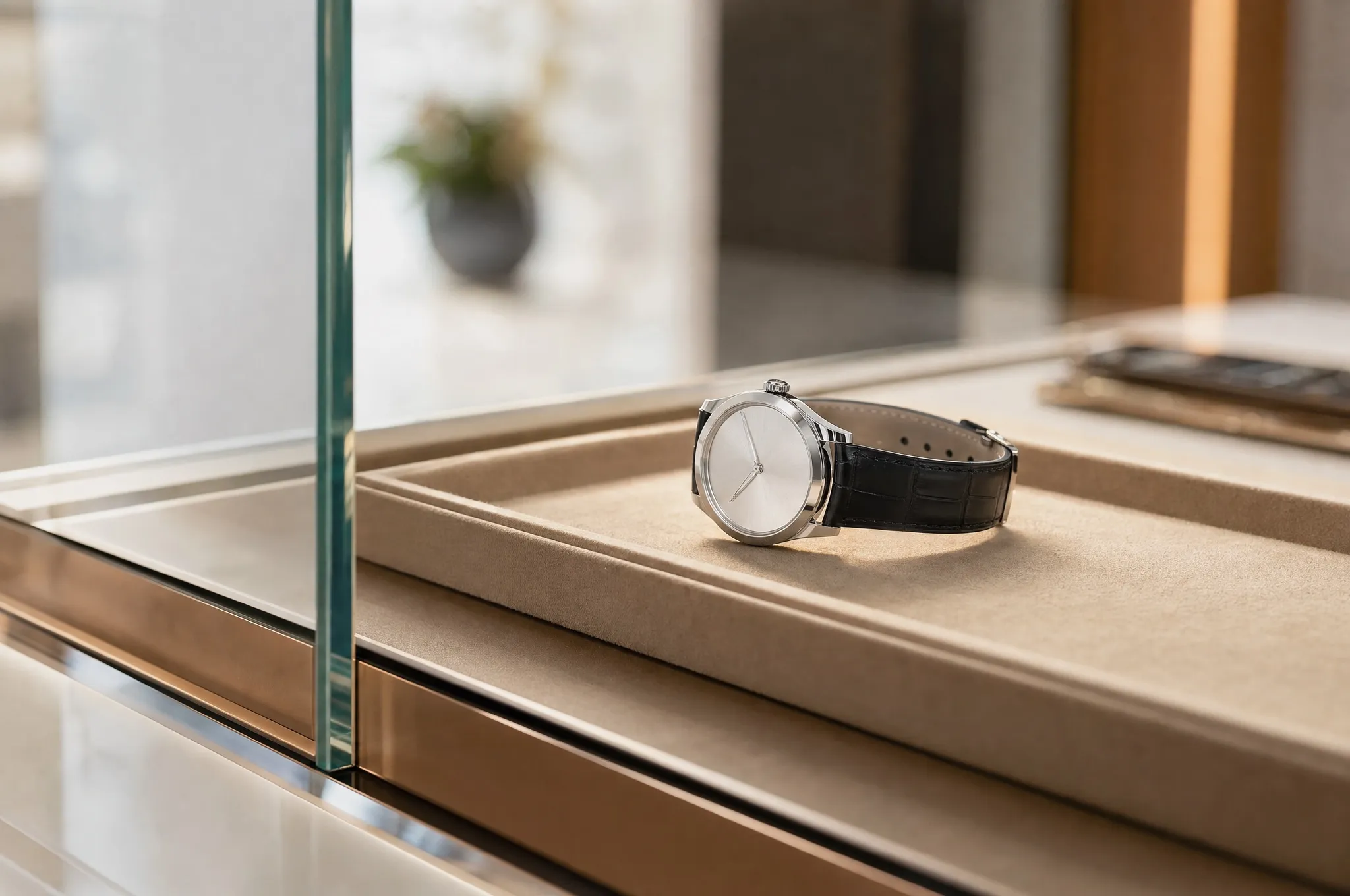 A watch on a velvet tray inside a glass vitrine