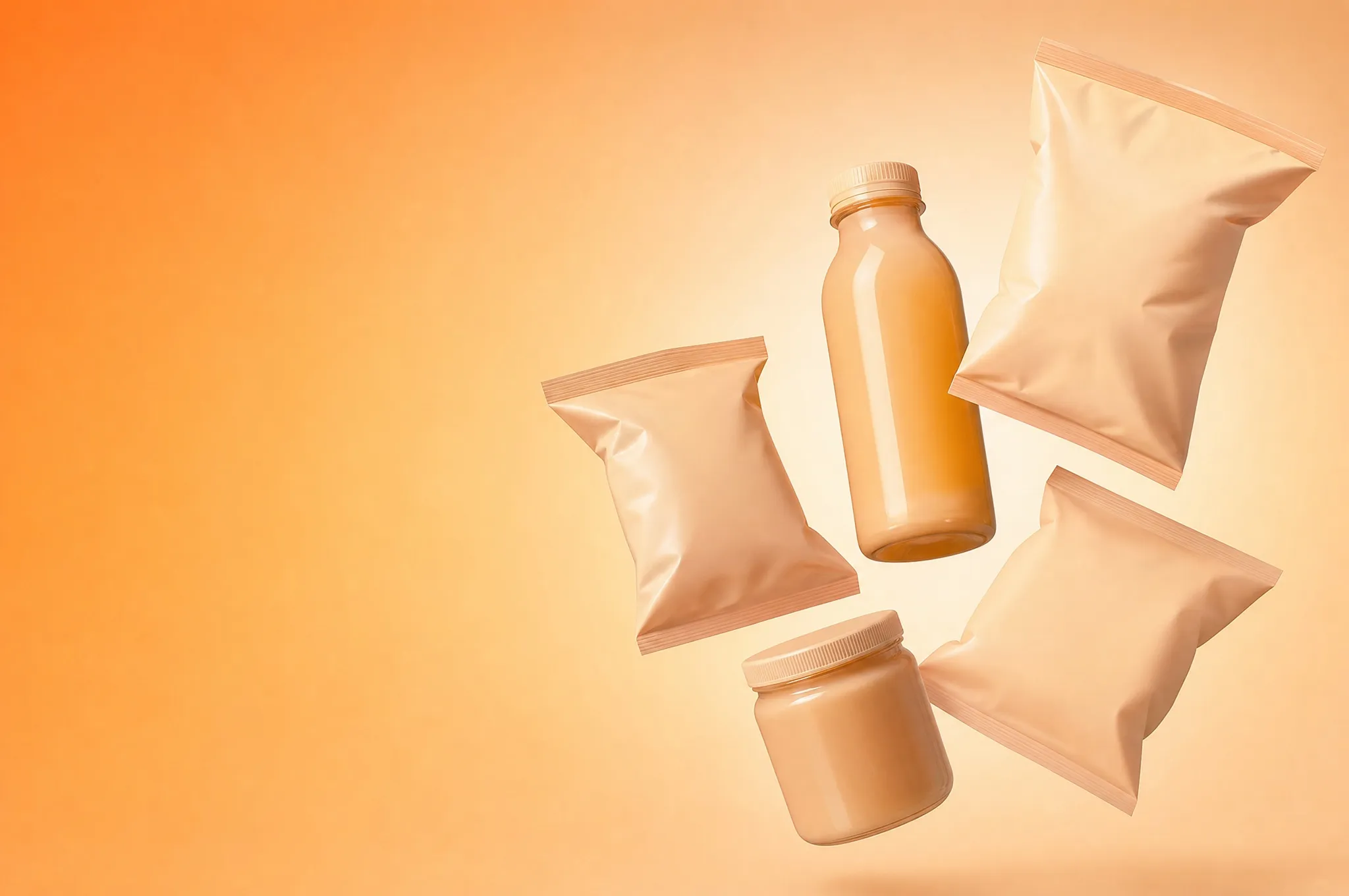 Plain snack packs, a bottle and a jar floating against an orange background