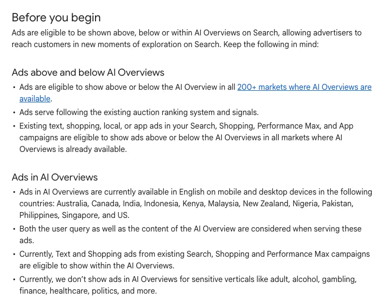 Google Ads Help page “About ads and AI Overviews”, listing the 12 countries where ads can show inside AI Overviews in English, including Malaysia