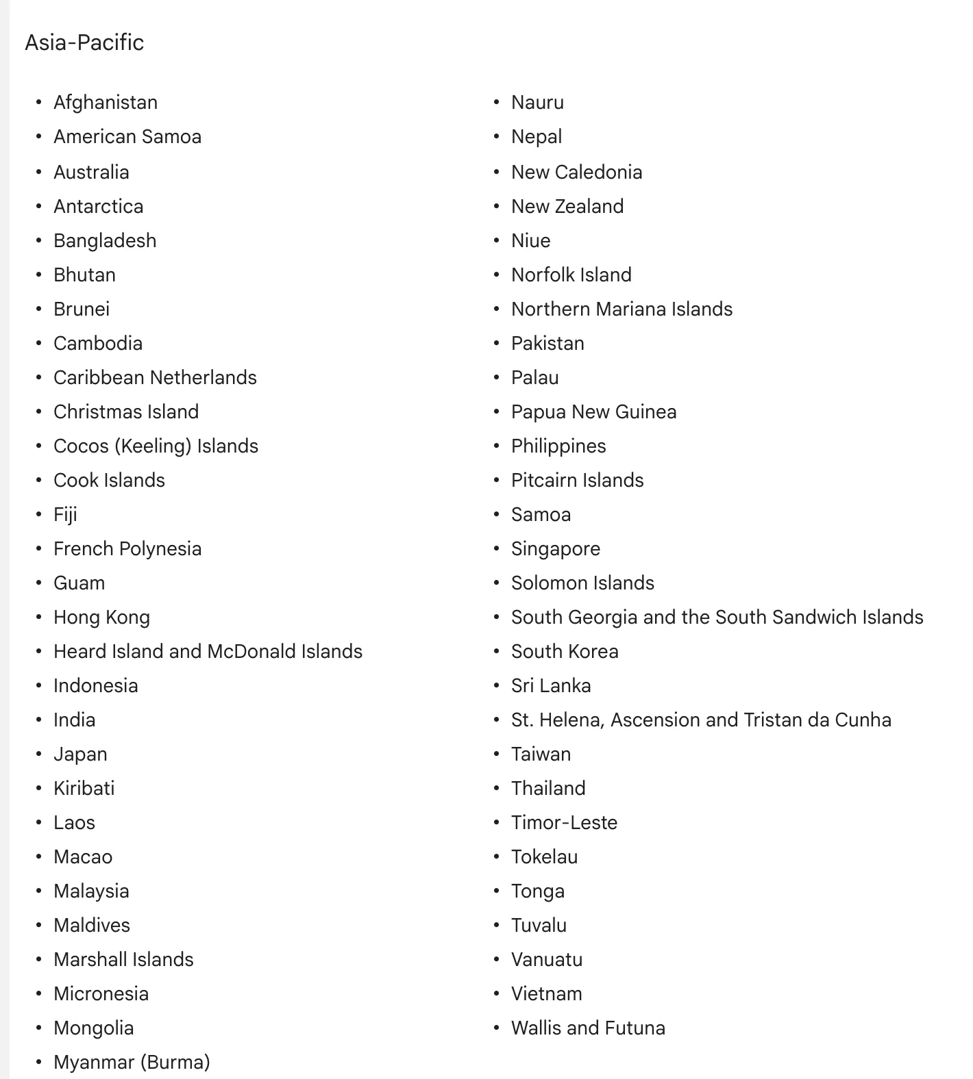 The Asia-Pacific part of the country list on Google’s AI Mode help page, with Malaysia listed between Macao and Maldives