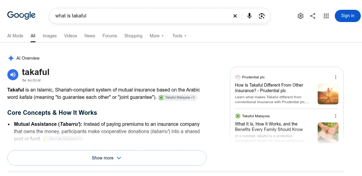 One of Google’s AI Overviews, for the search “what is takaful”, with the summary on the left and the pages it cites in a panel on the right