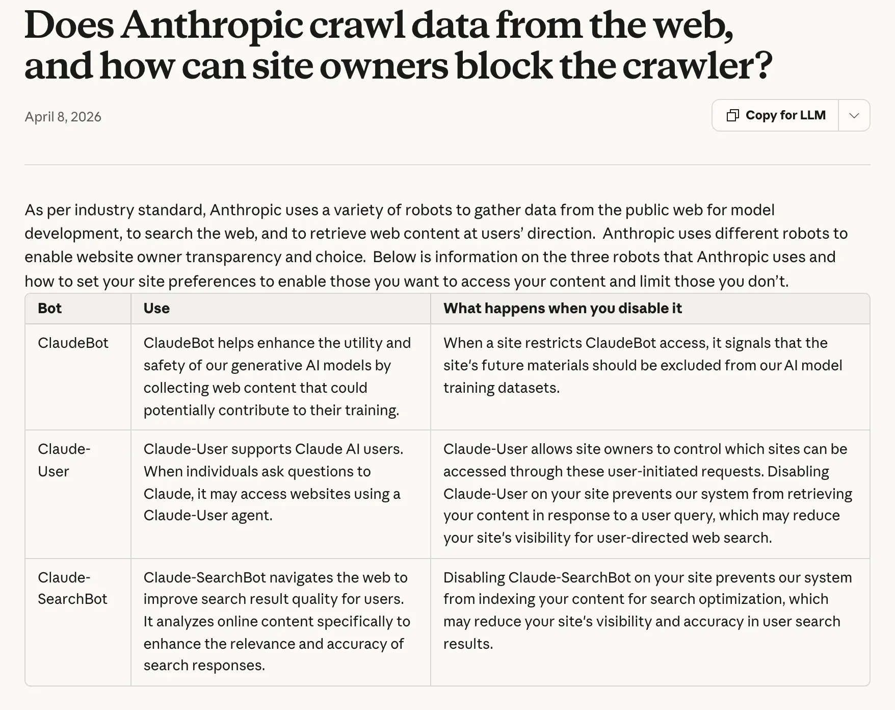 Anthropic’s help article on its crawlers, with a table of ClaudeBot, Claude-User and Claude-SearchBot, what each one does and what happens when a site turns it off
