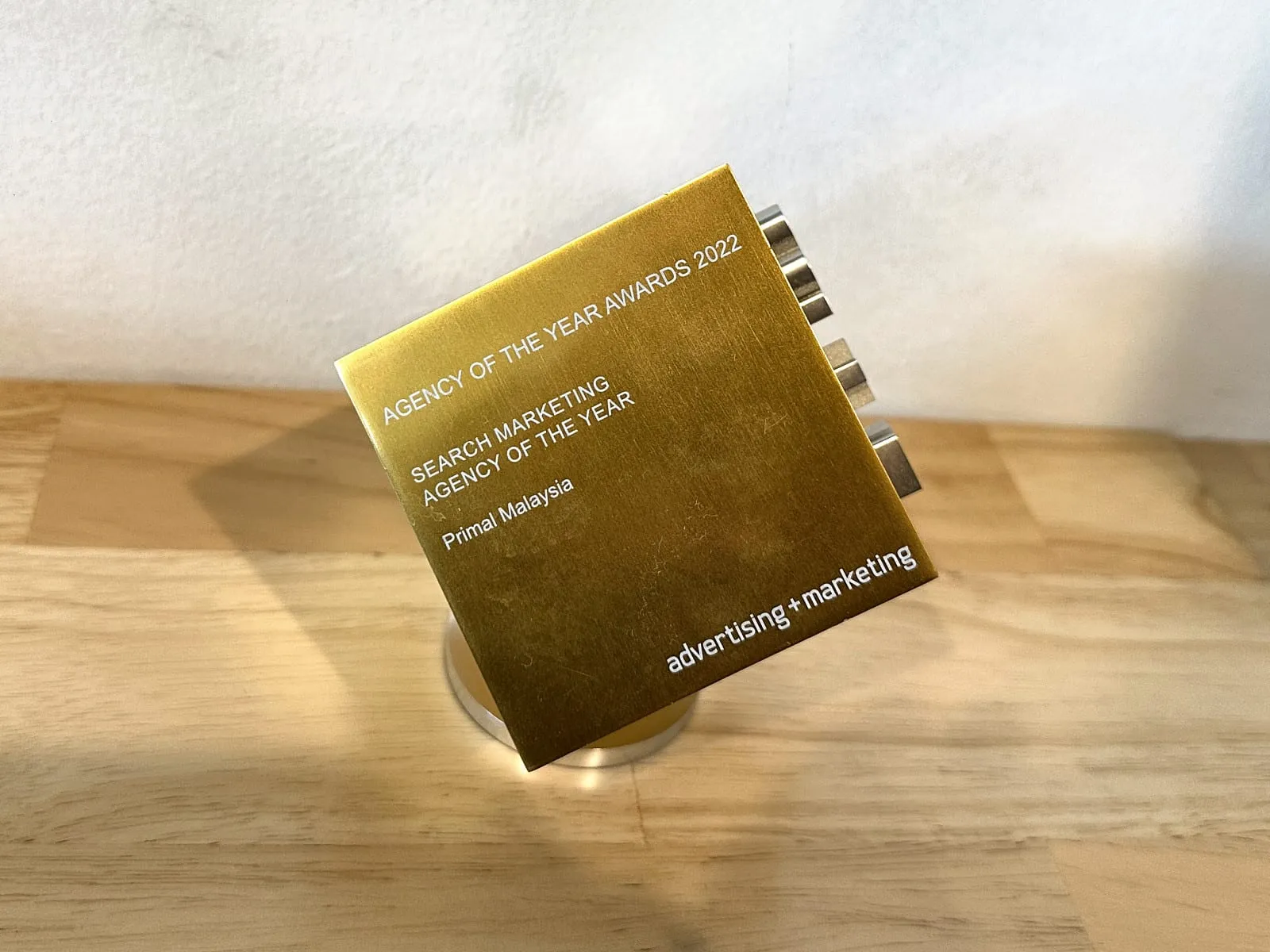 The Agency Of The Year 2022 trophy for Search Marketing Agency Of The Year, engraved for Primal