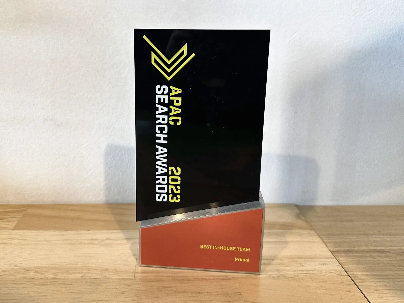 The APAC Search Awards 2023 Best In-House Team trophy, engraved for Primal