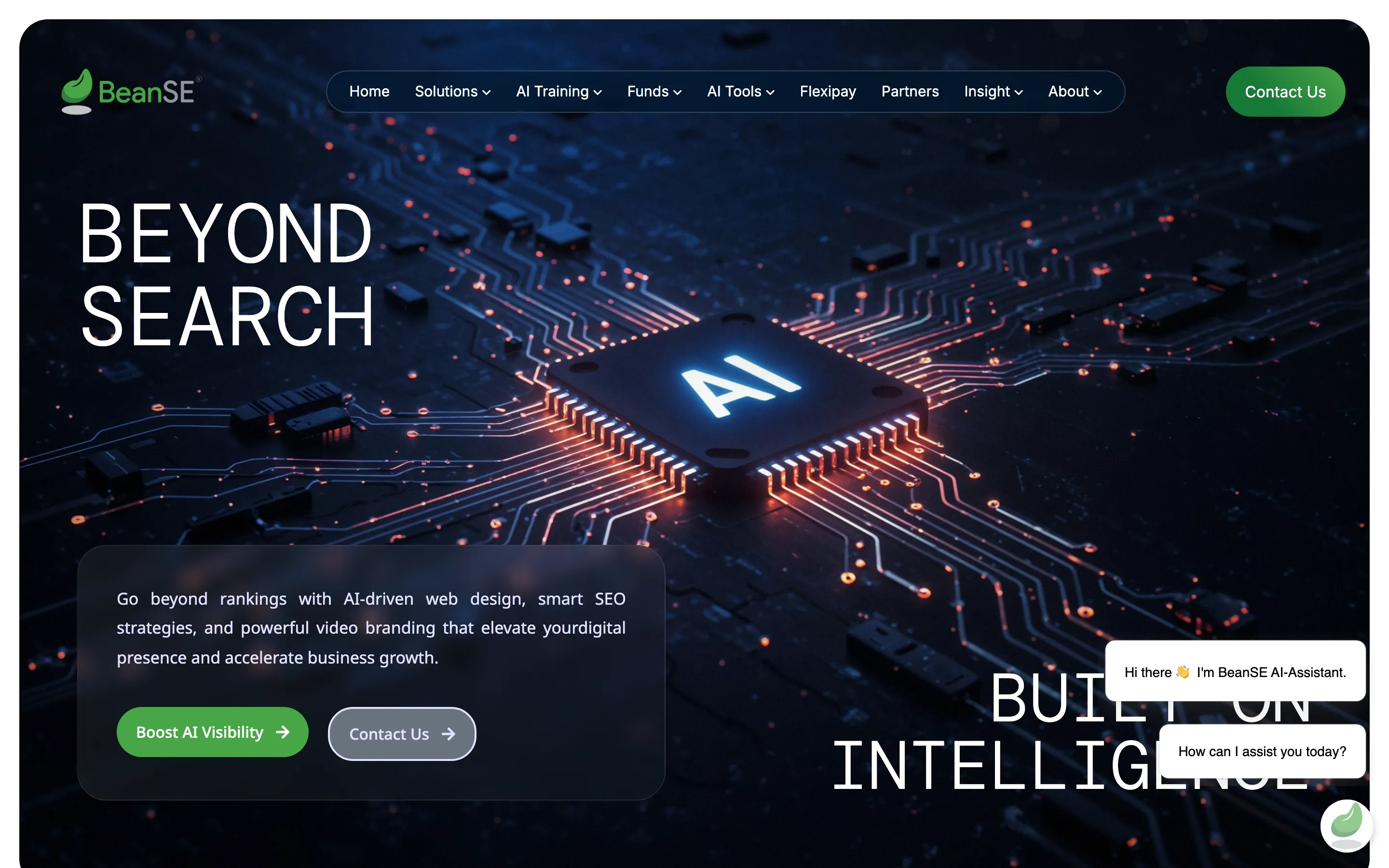 BeanSE’s home page, with the words Beyond Search over a picture of a computer chip marked AI and a chat assistant in the corner