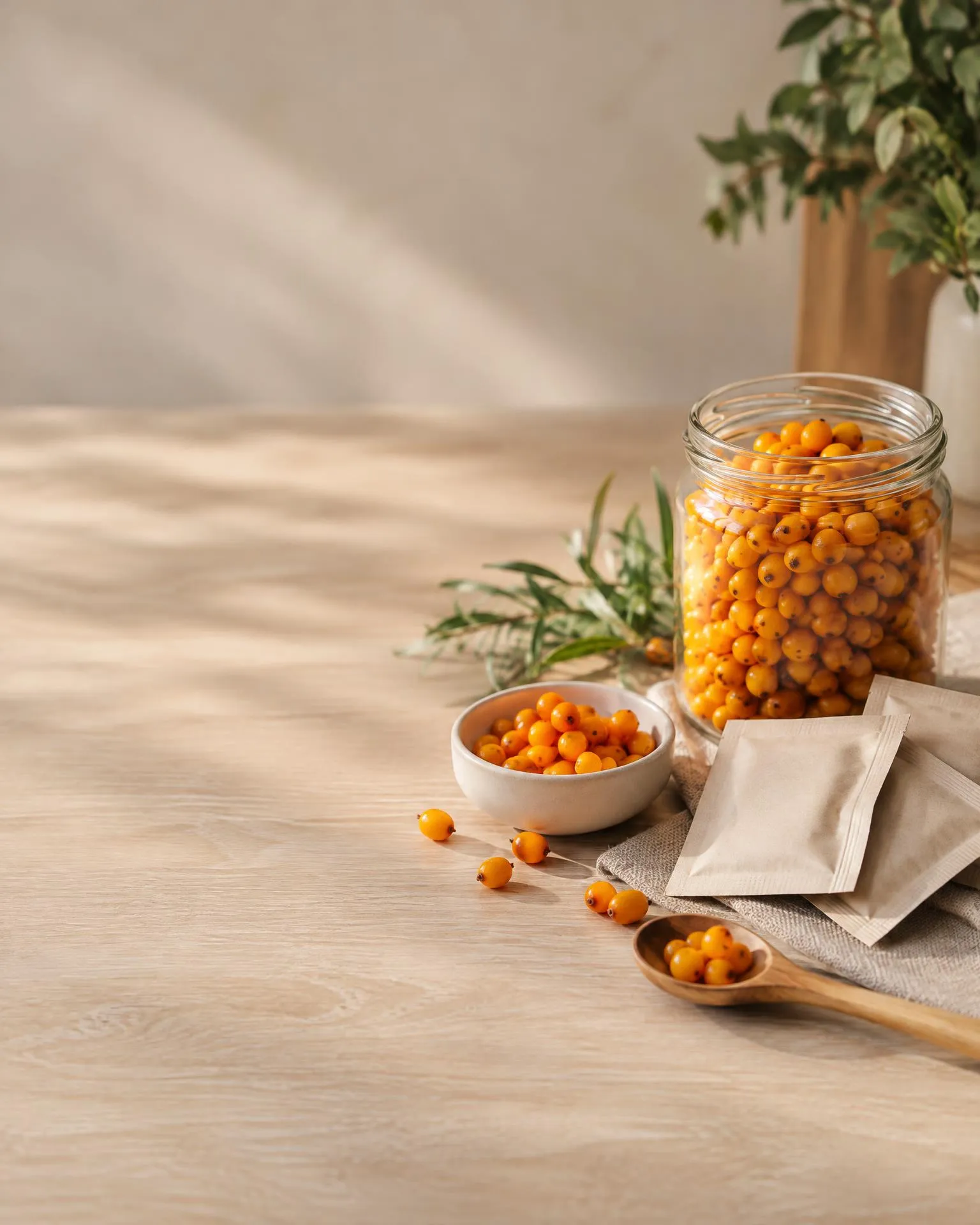 A glass jar and a bowl of orange sea buckthorn berries with plain sachets on a table