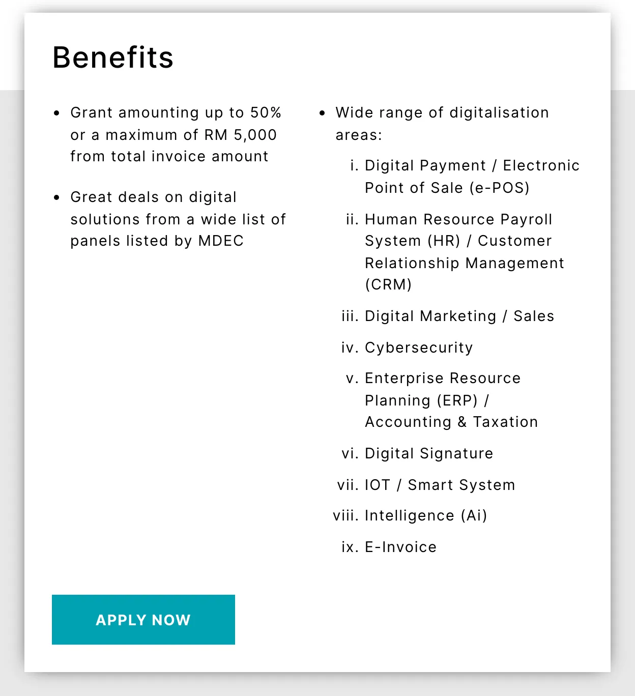 The Benefits panel on Bank Simpanan Nasional’s page for the MSME Digital Grant MADANI, a grant SMEs can put toward a digital marketing strategy, listing up to 50% or RM5,000 of an invoice and nine areas including digital marketing