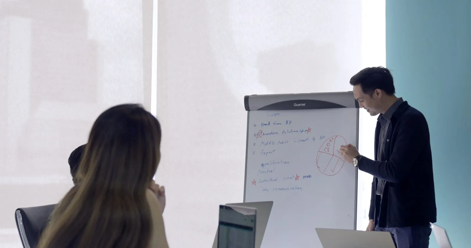 A Primal team member writing scope notes on a flip chart while colleagues look on