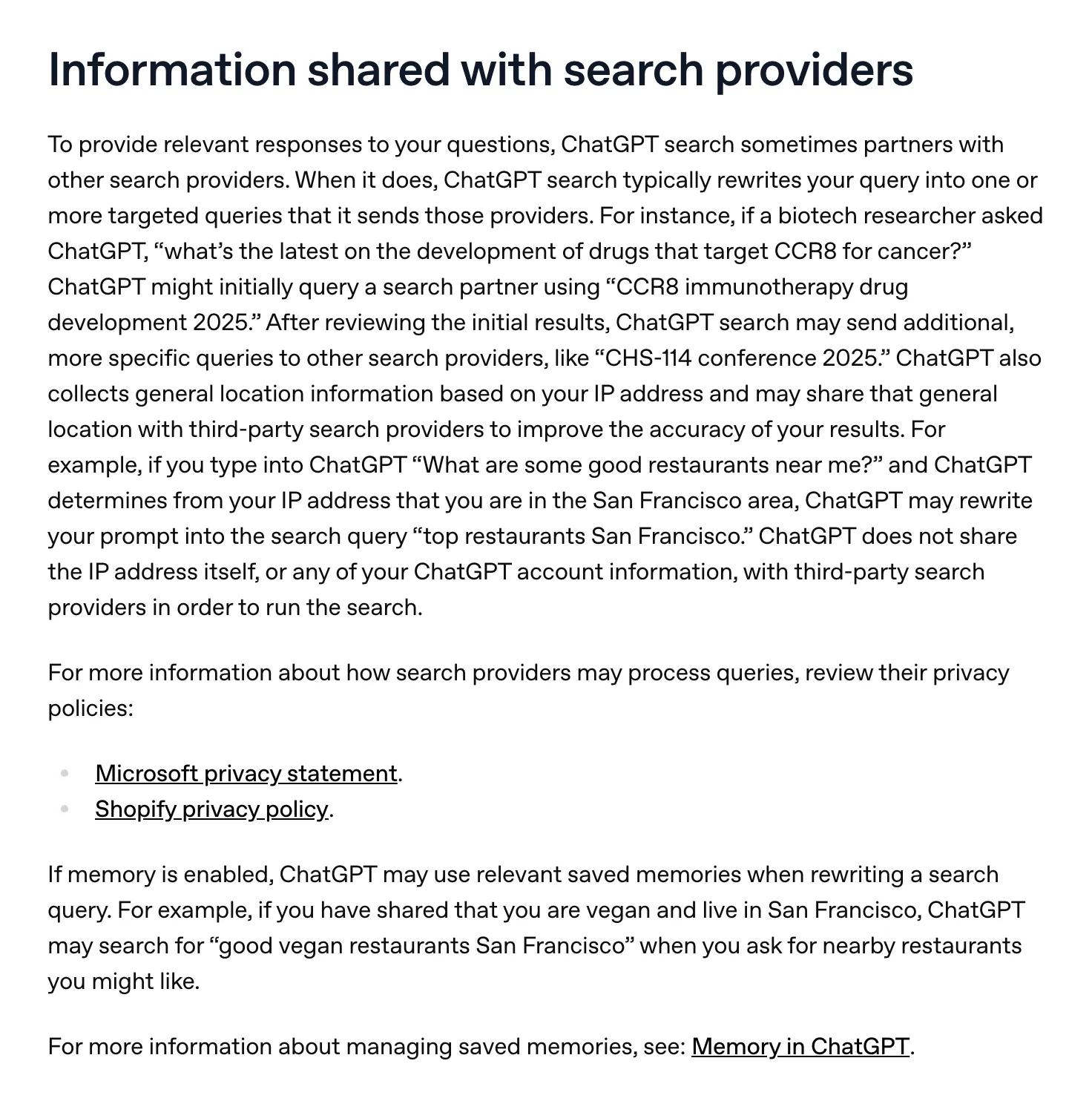 OpenAI’s help page on ChatGPT search, the section on information shared with search providers: ChatGPT rewrites a question into targeted searches for partner providers, can add the user’s general location and saved memories, and lists the privacy policies of Microsoft and Shopify
