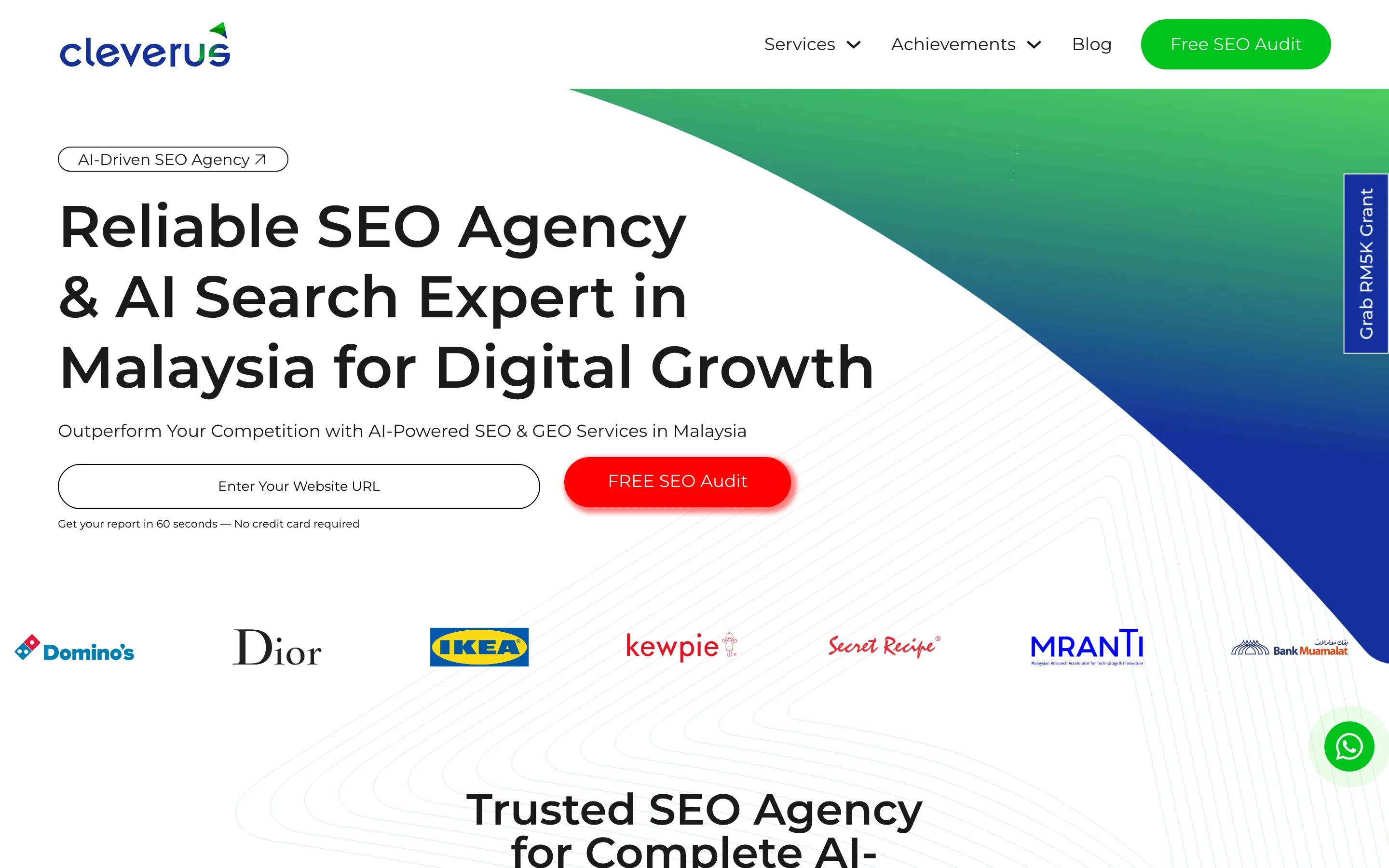 Cleverus’s home page, with a headline on SEO and AI search, a box for a website address and a row of client logos
