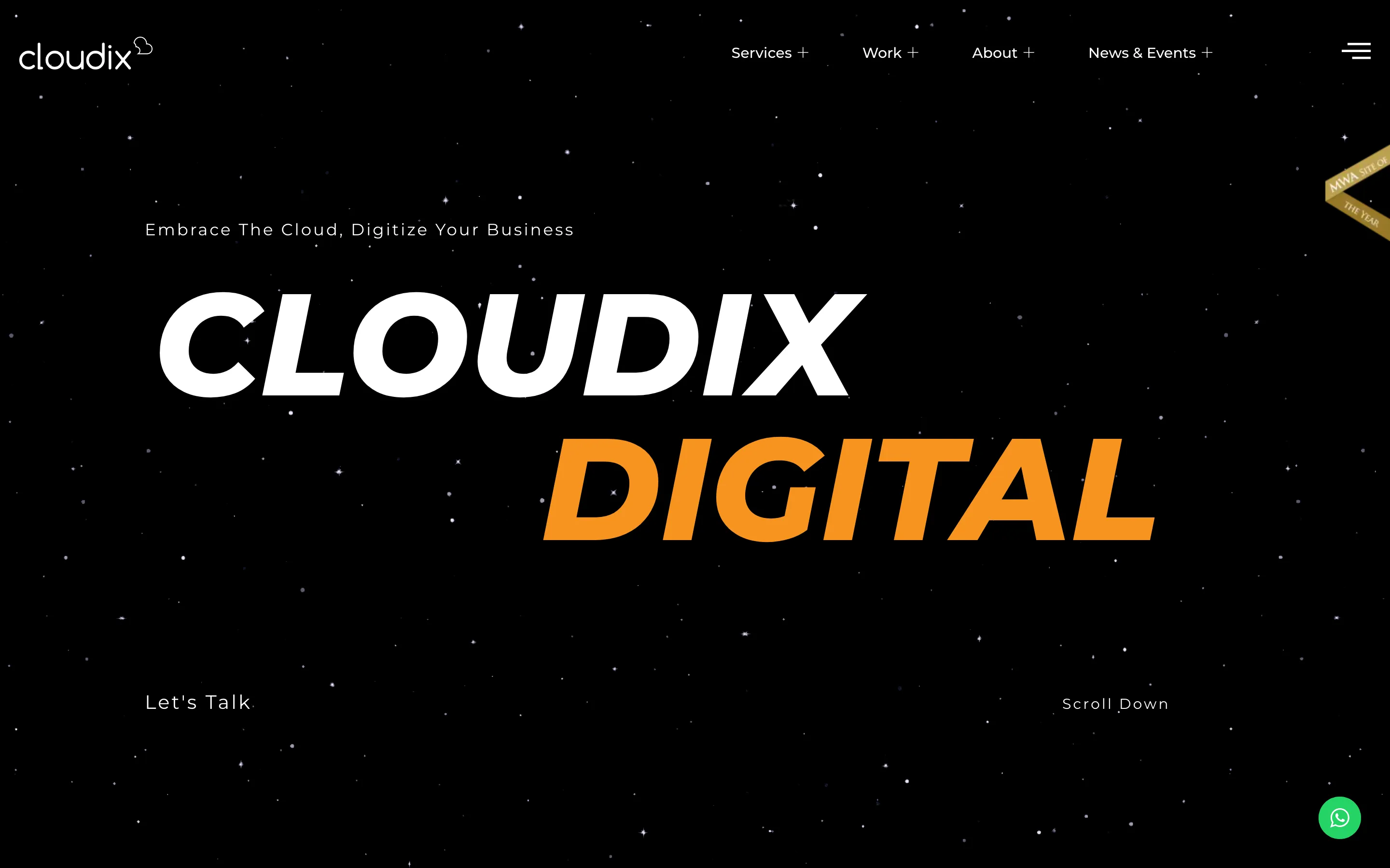 Cloudix Digital’s home page, with its name in large white and orange letters on a black background of stars
