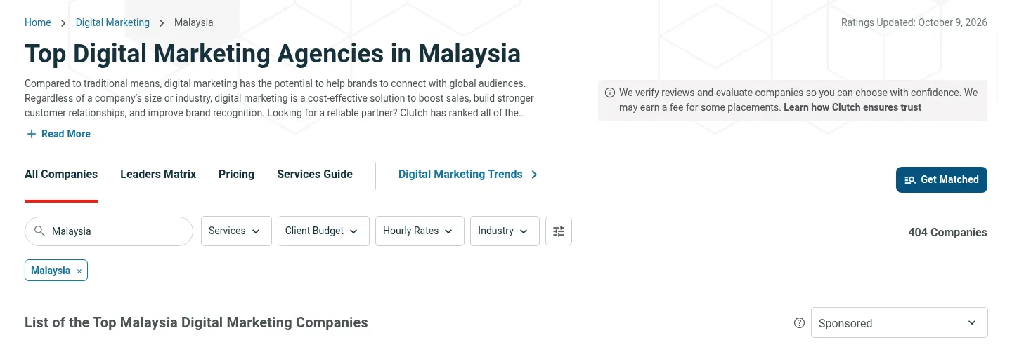 Clutch’s list page for the best digital marketing agencies in Malaysia, sorted by Sponsored, with its note that Clutch may earn a fee for some placements