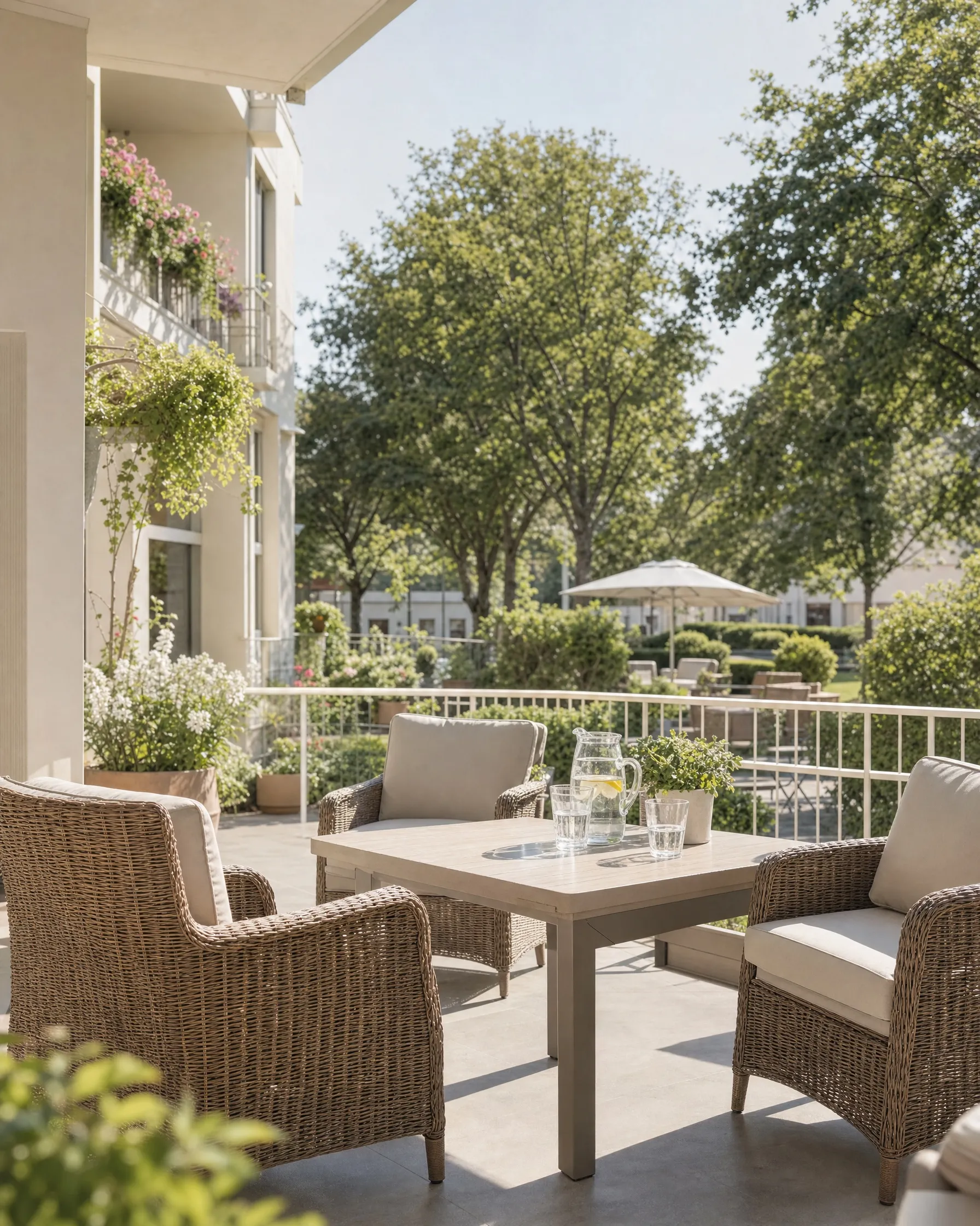 A sunlit garden terrace with rattan armchairs and a table set with water
