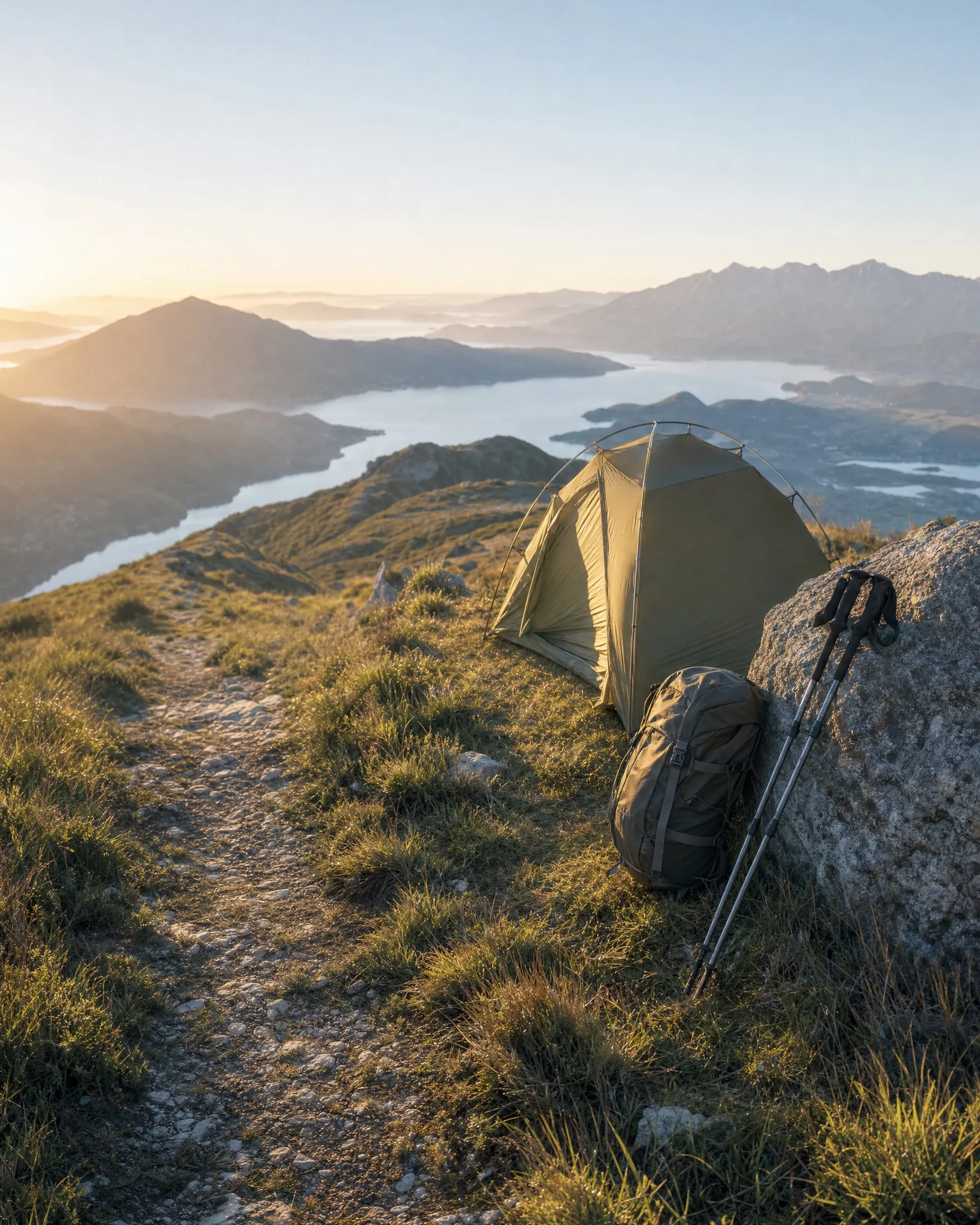 A hiker on a mountain ridge at sunset