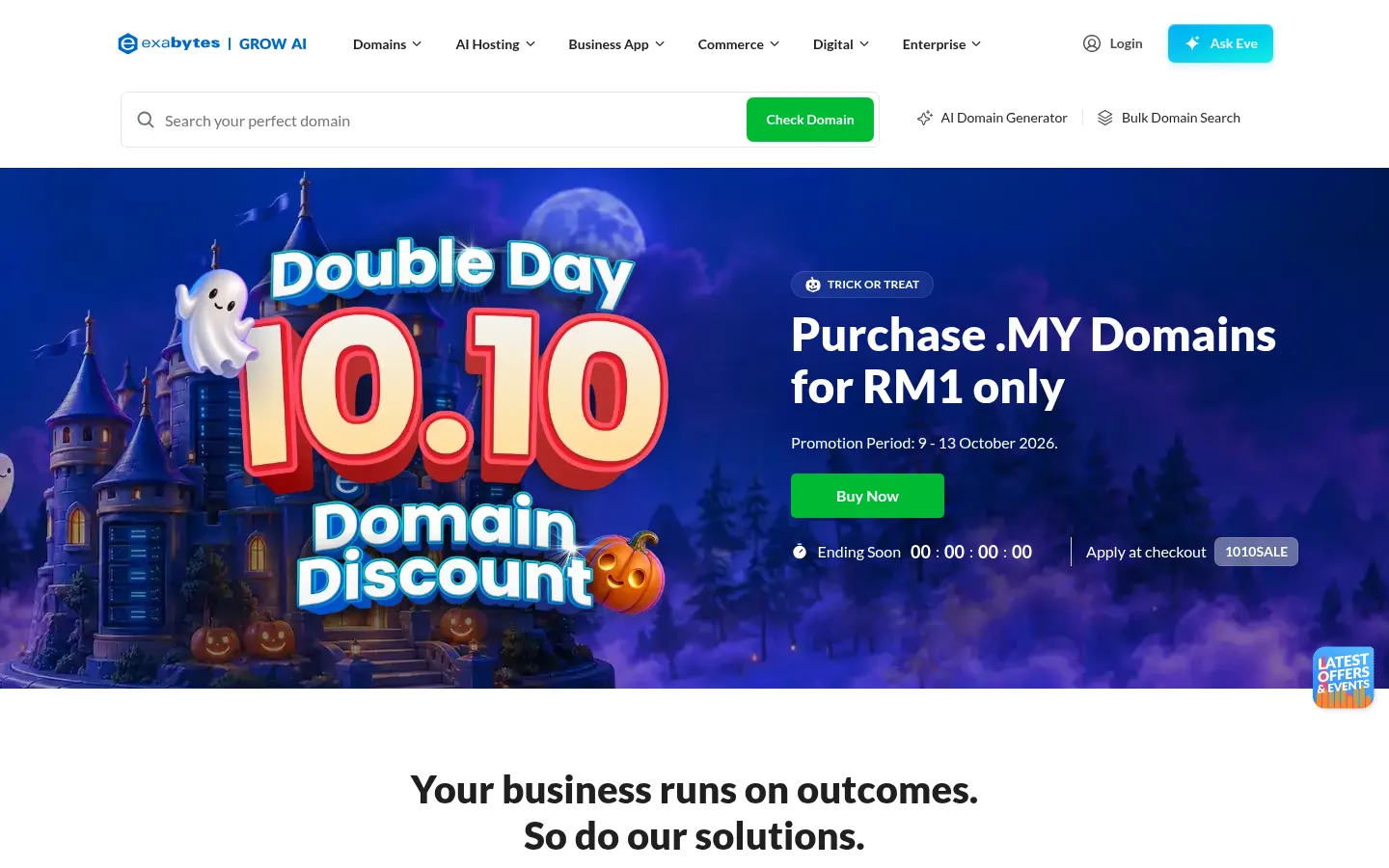 Exabytes’ home page, with a domain search bar, a menu for domains, hosting, business apps, commerce and digital services, and a domain promotion banner