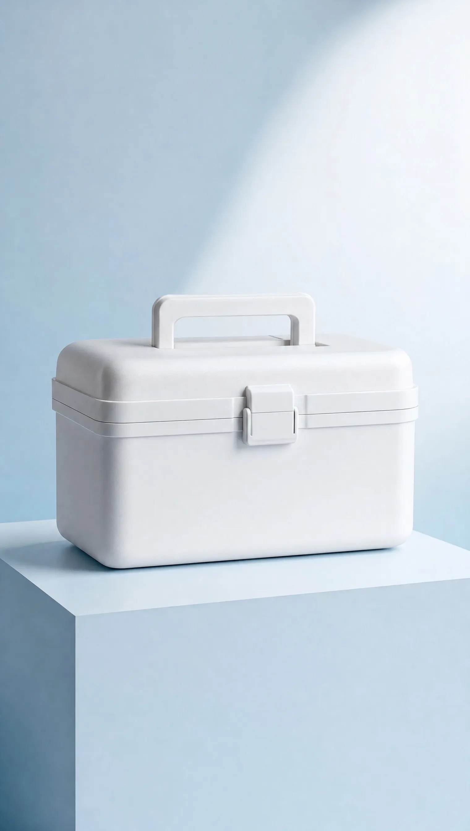 A plain white medical kit box on a plinth