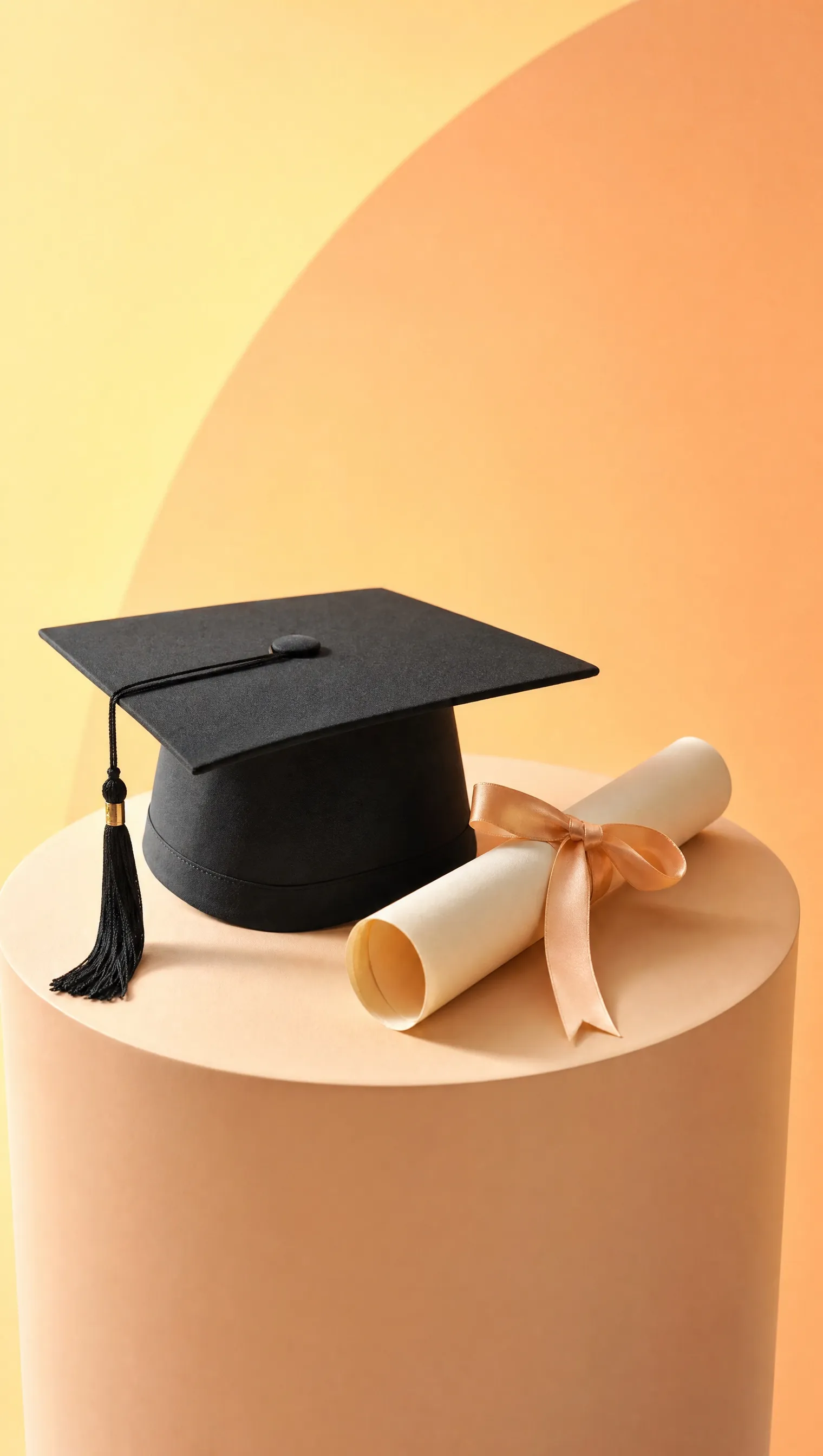 A graduation cap and a rolled certificate on a plinth