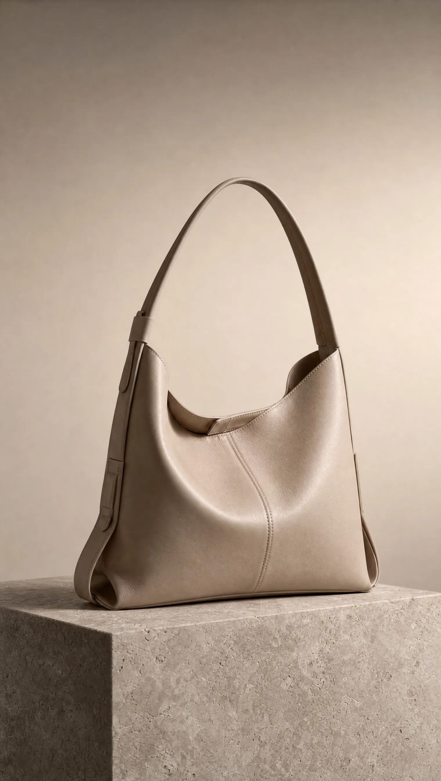 A plain leather handbag on a stone plinth
