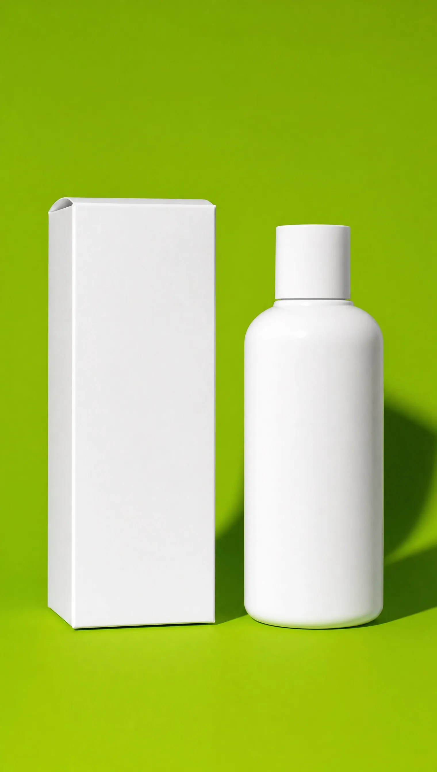 A plain bottle and a plain box on a green background