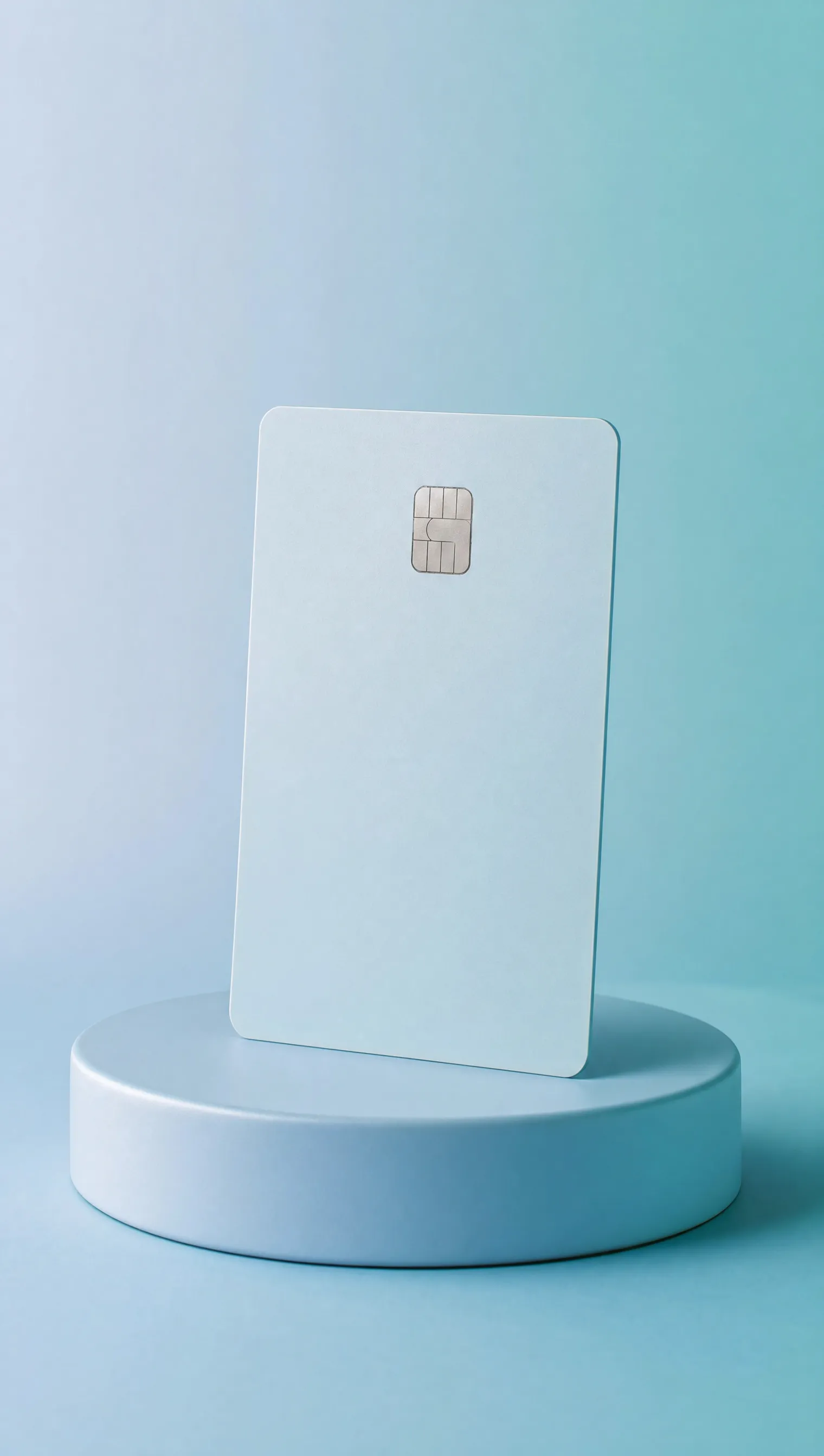 A plain bank card on a plinth against a blue and teal background