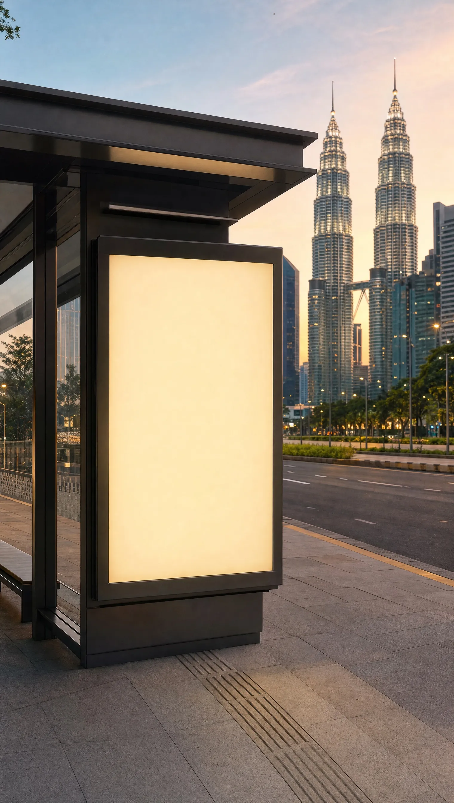 A bus shelter with a blank backlit panel on a street at dusk