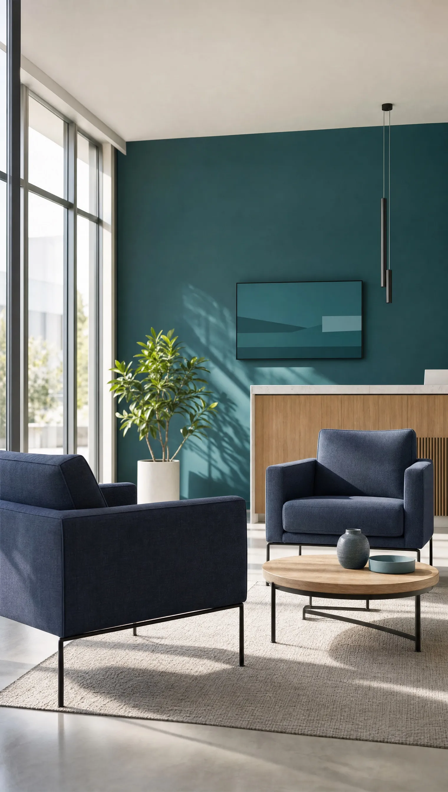 A corporate reception lounge with two armchairs and a plant