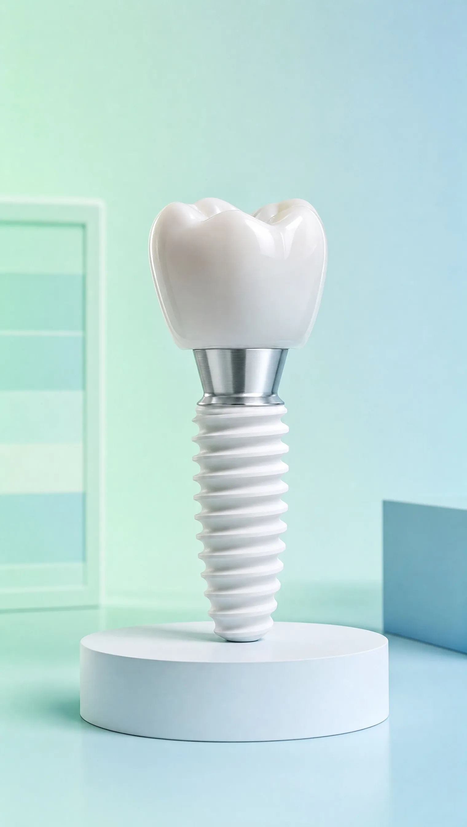 A dental implant model on a plinth against a mint and blue background