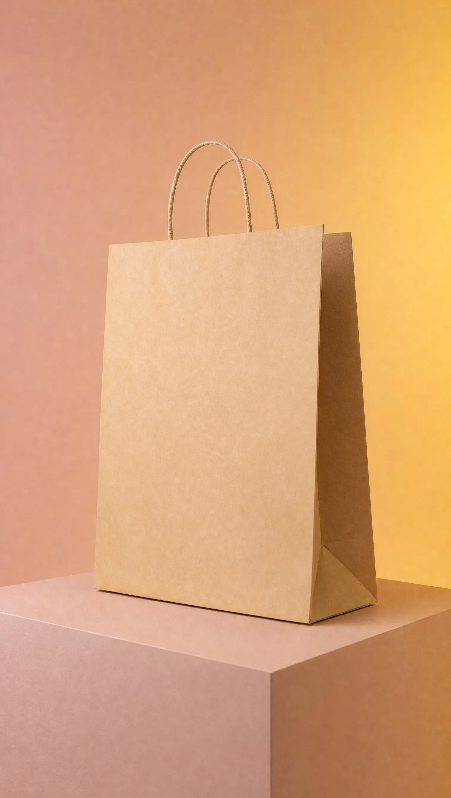 A plain paper shopping bag on a plinth