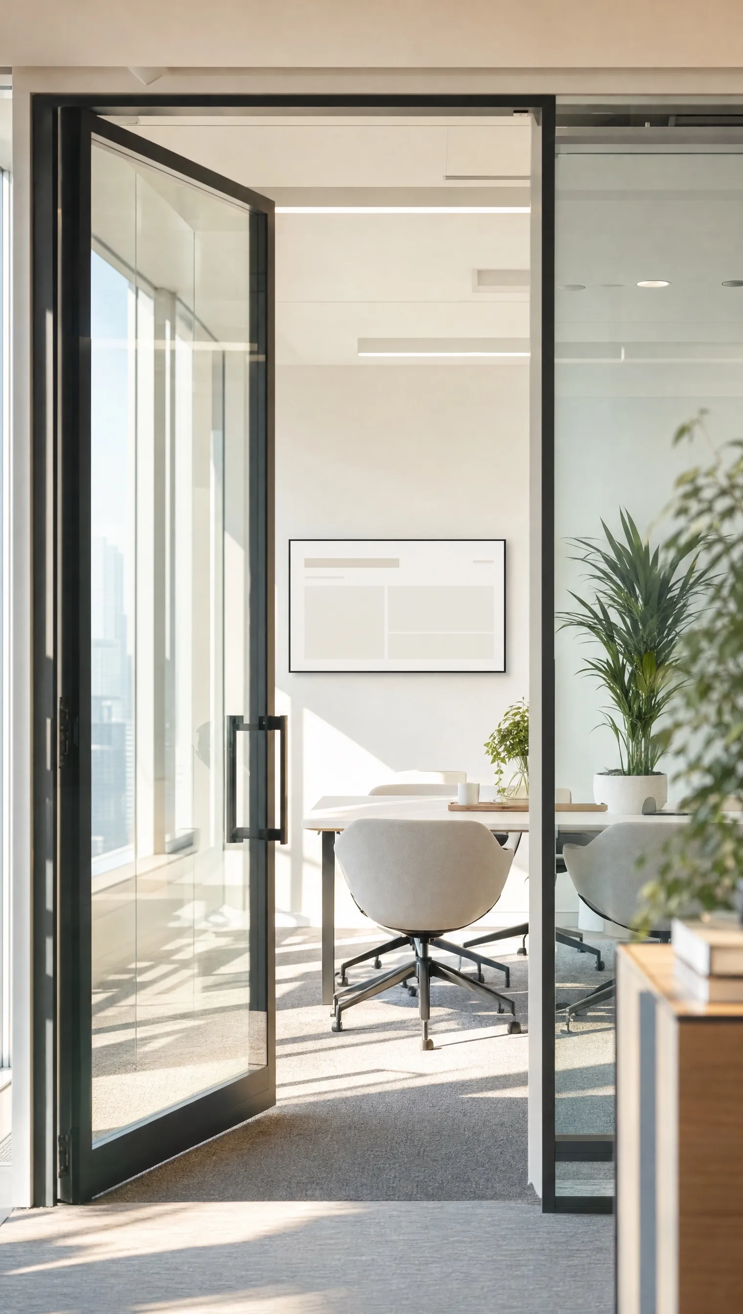 A glass office entrance open onto a bright meeting room