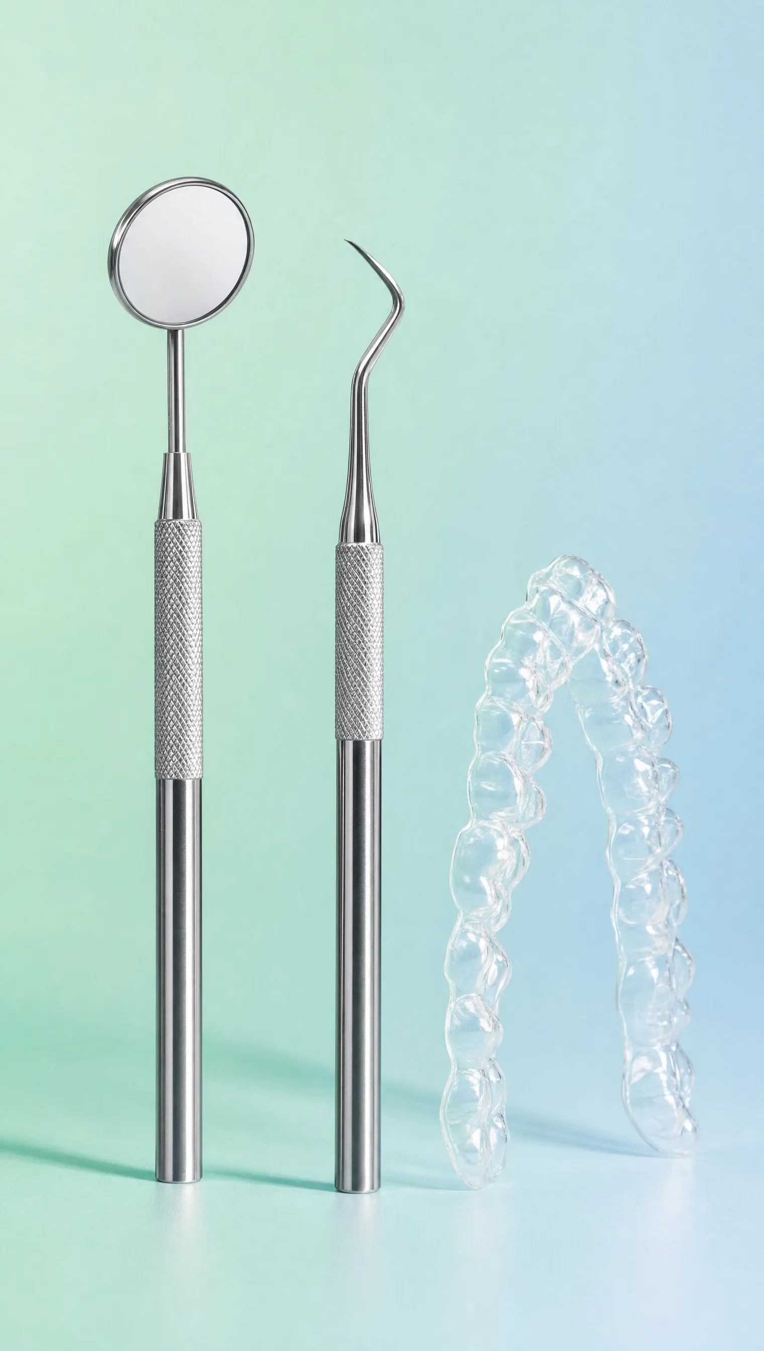 A dental mirror, a scaler and a clear aligner standing in a row