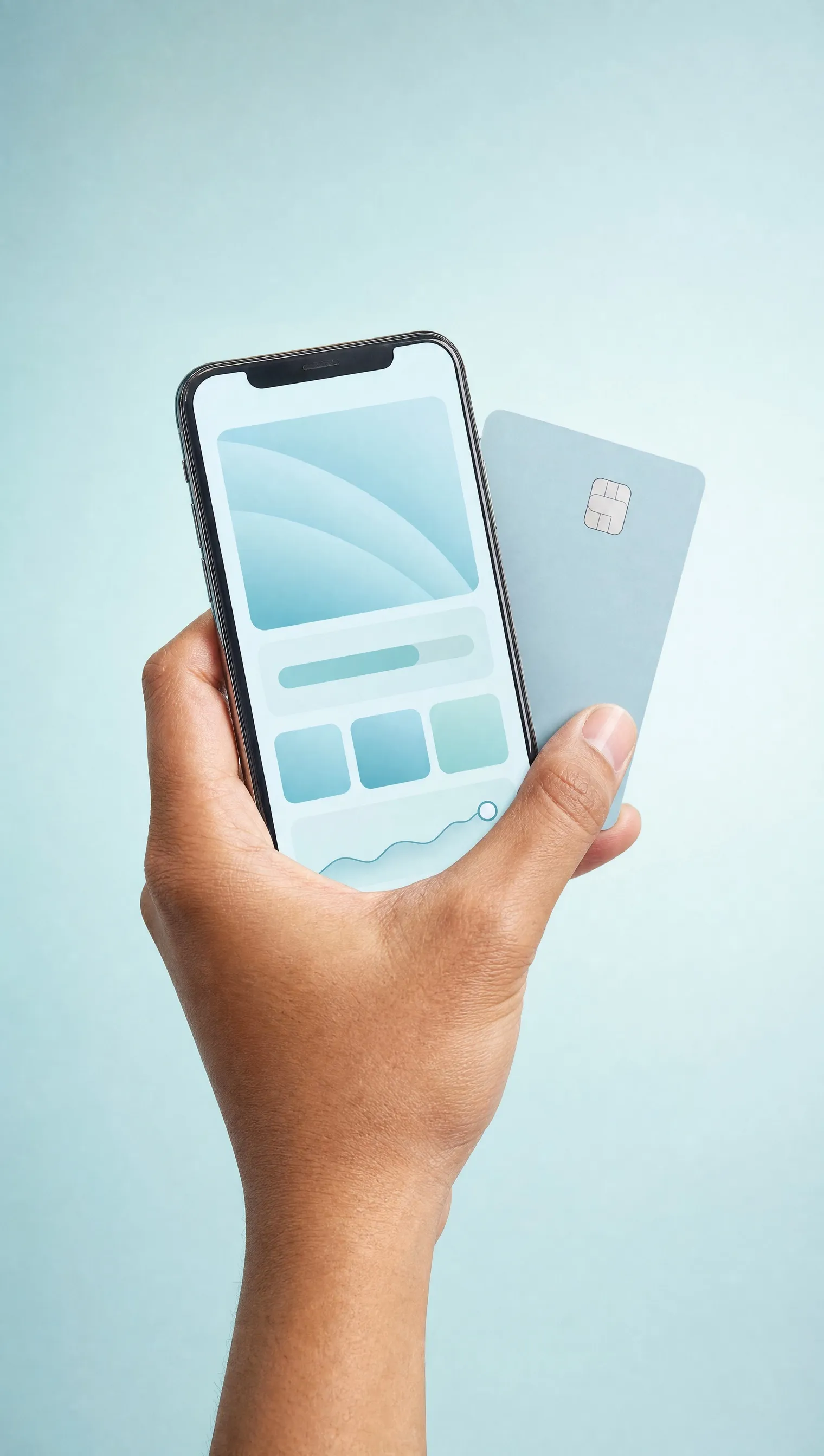 A hand holding a phone with a banking app and a plain bank card