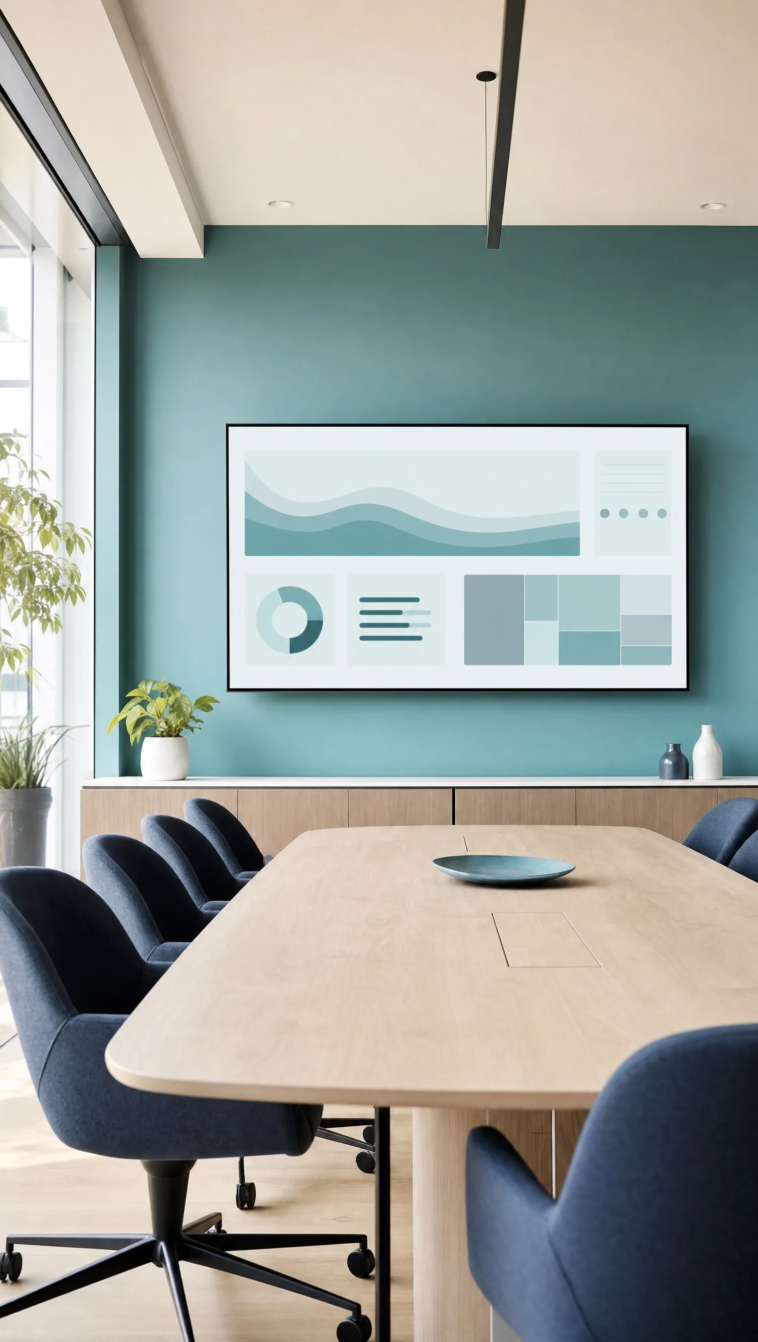 A meeting room with a wall screen showing a dashboard