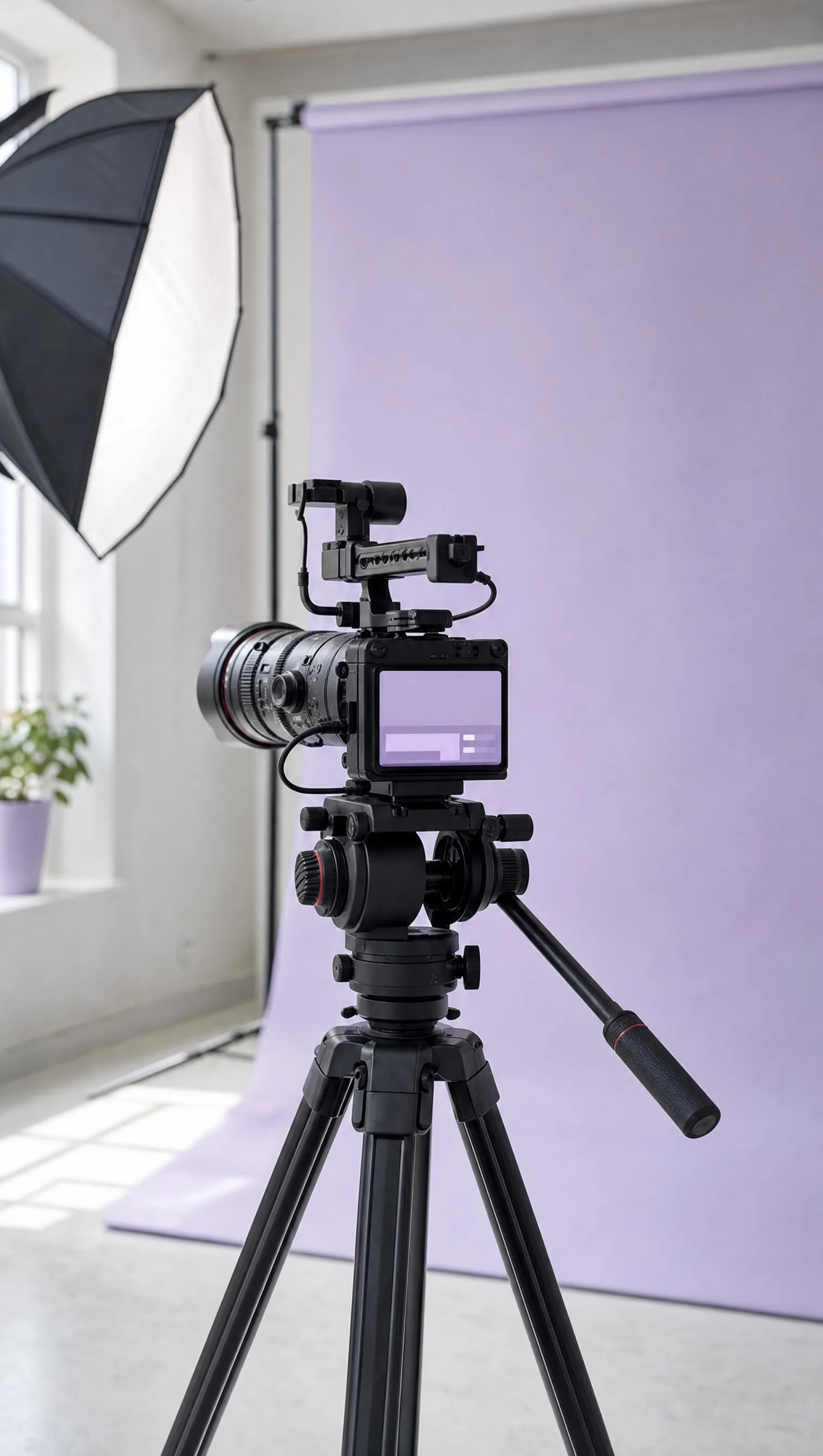 A video camera on a tripod in a studio with a lilac backdrop