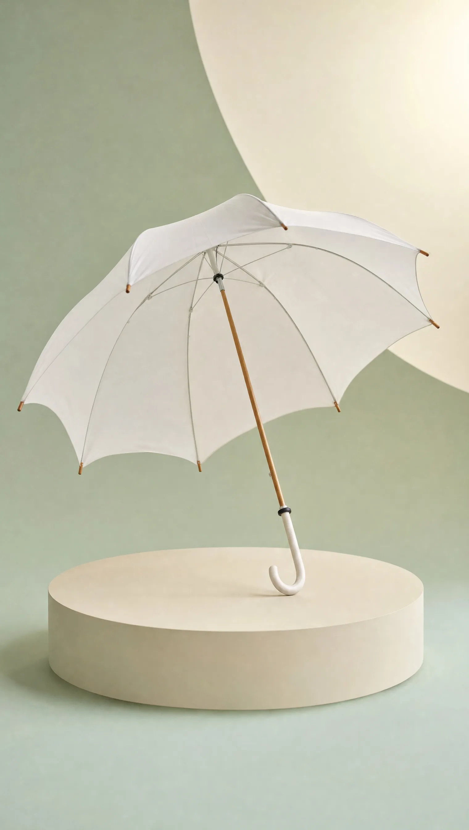 An open white umbrella against a green and cream background