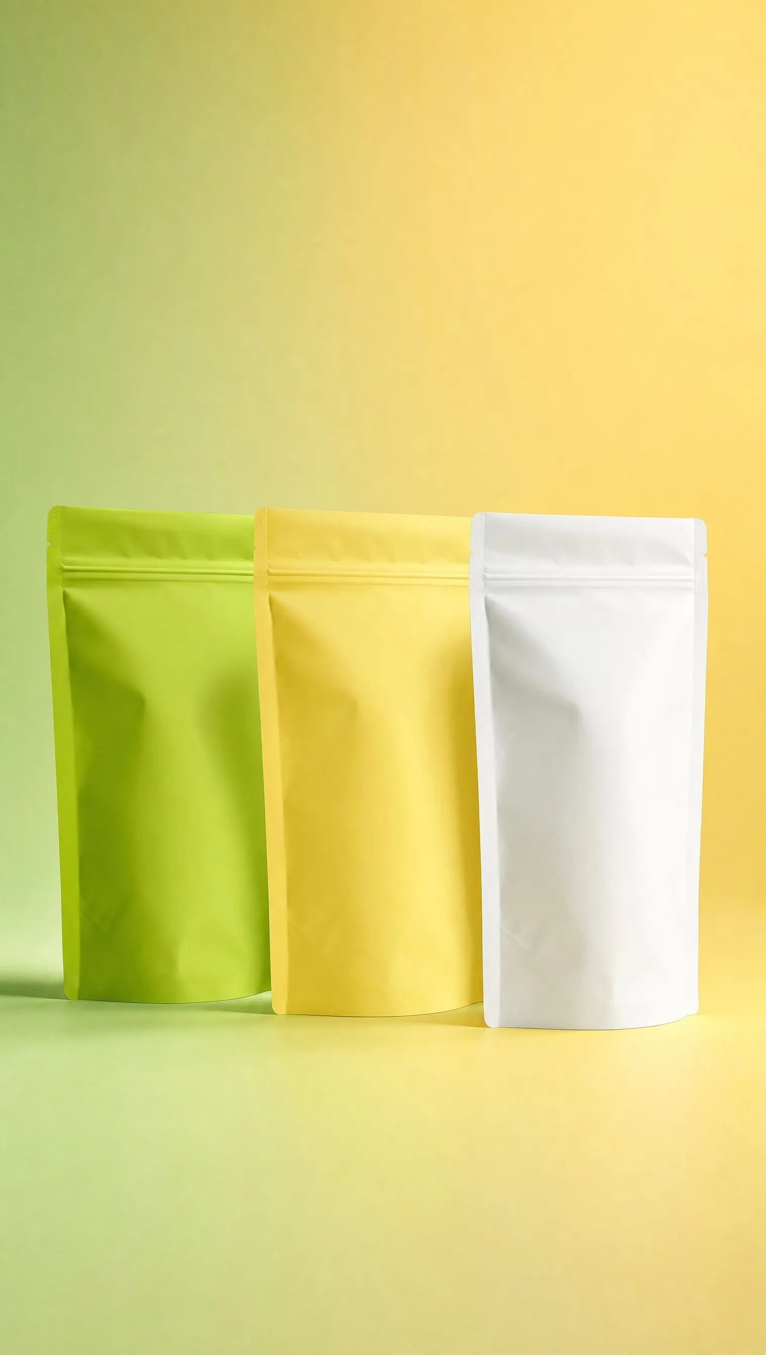 Three plain product packs in green, yellow and white