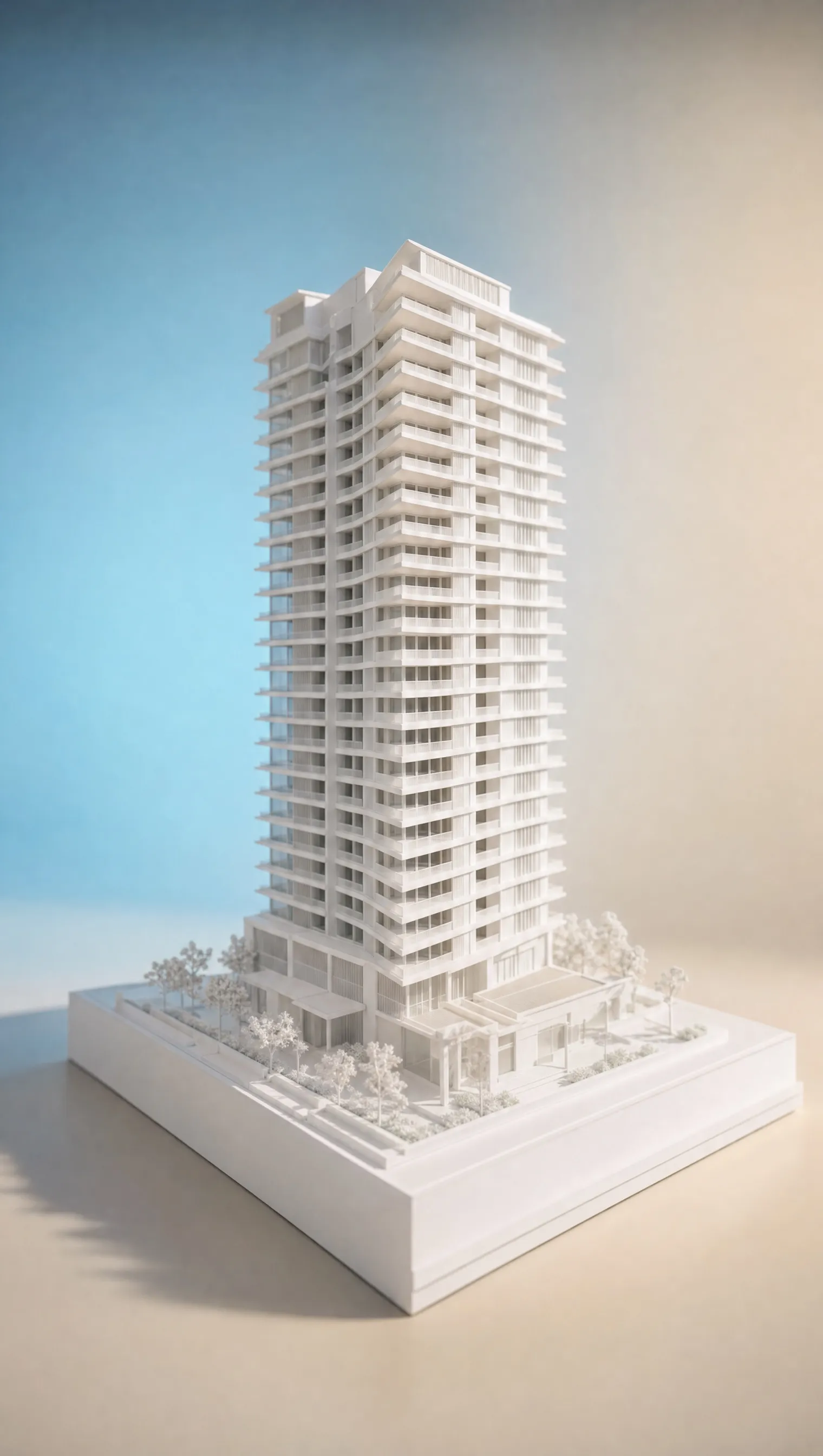 A small white model of a condominium tower on a plinth