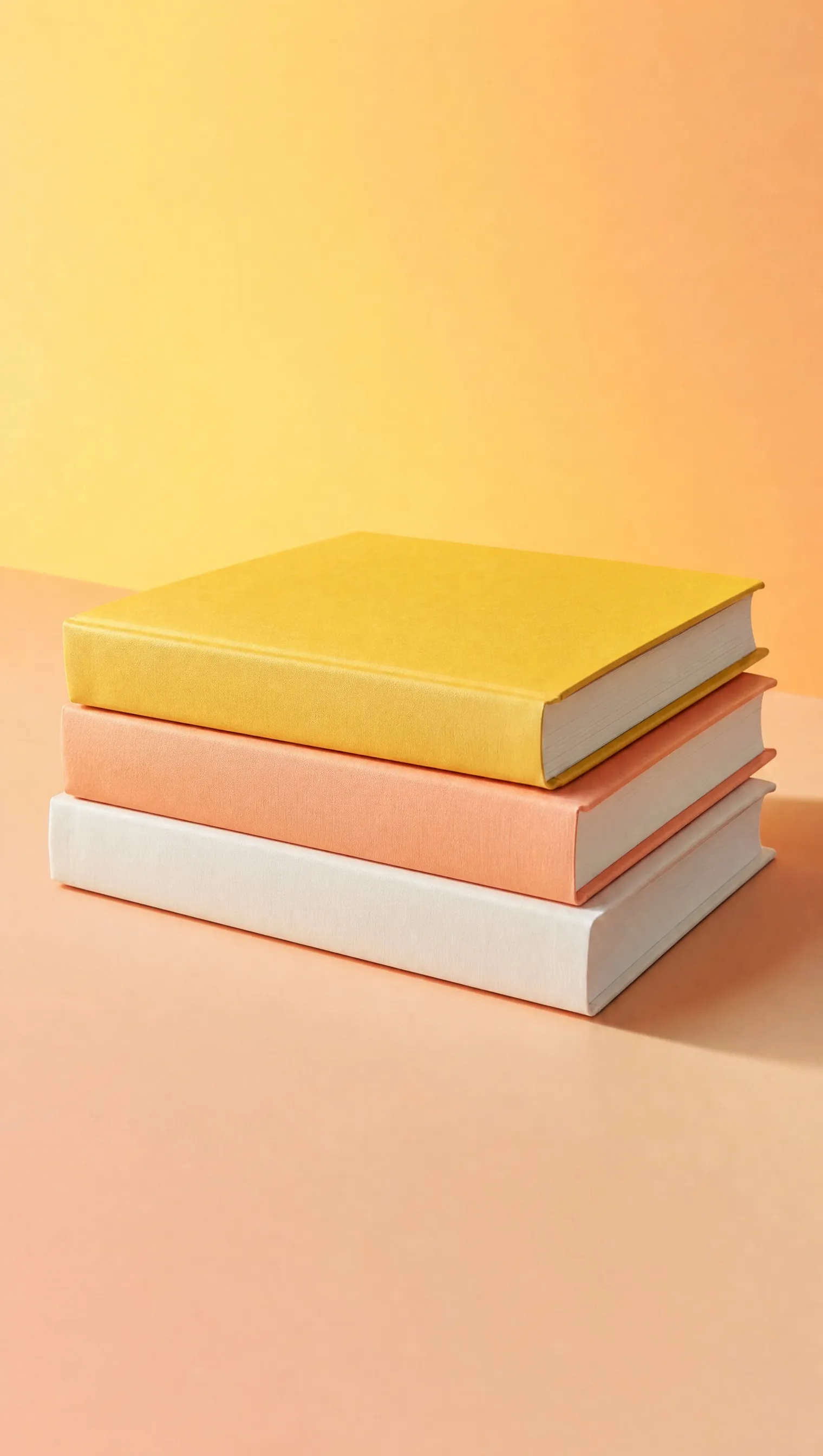 Three textbooks with plain covers stacked against a yellow and peach background