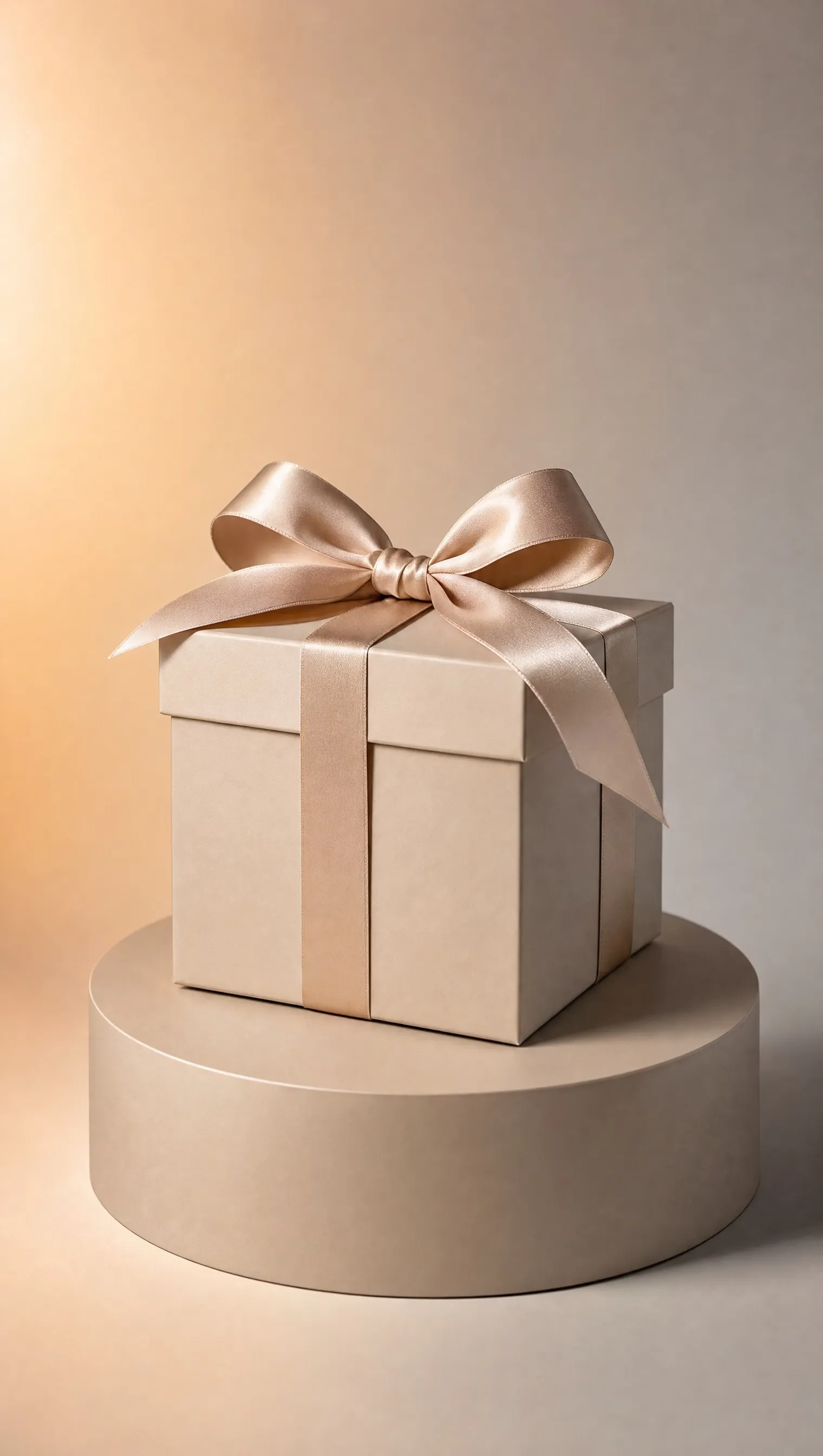 A gift box with a satin ribbon on a plinth